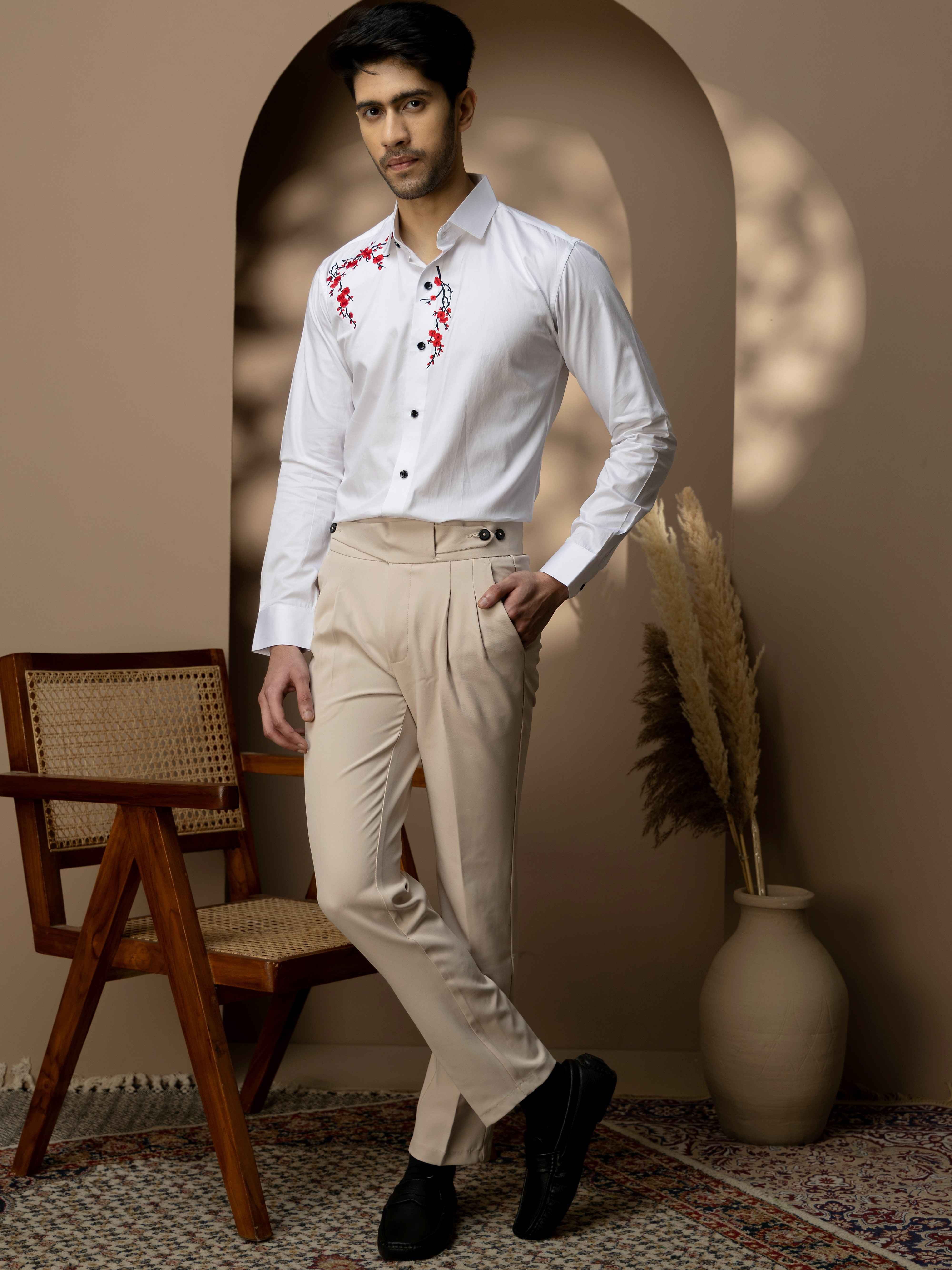FOOMER WHITE EMBROIDERED DESIGNER WEAR SATIN COTTON SHIRT FOR MEN - Image 4