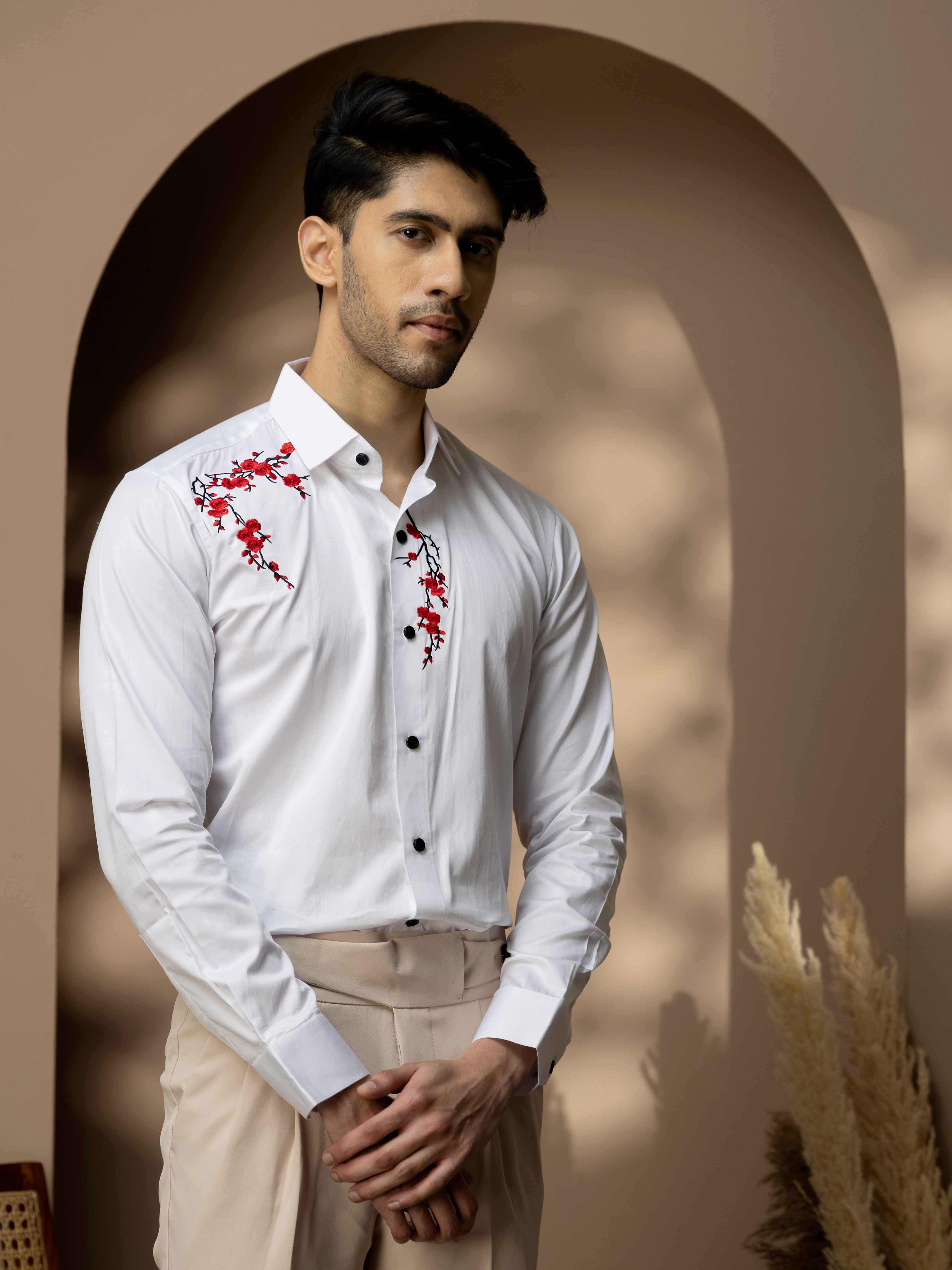 FOOMER WHITE EMBROIDERED DESIGNER WEAR SATIN COTTON SHIRT FOR MEN - Image 5
