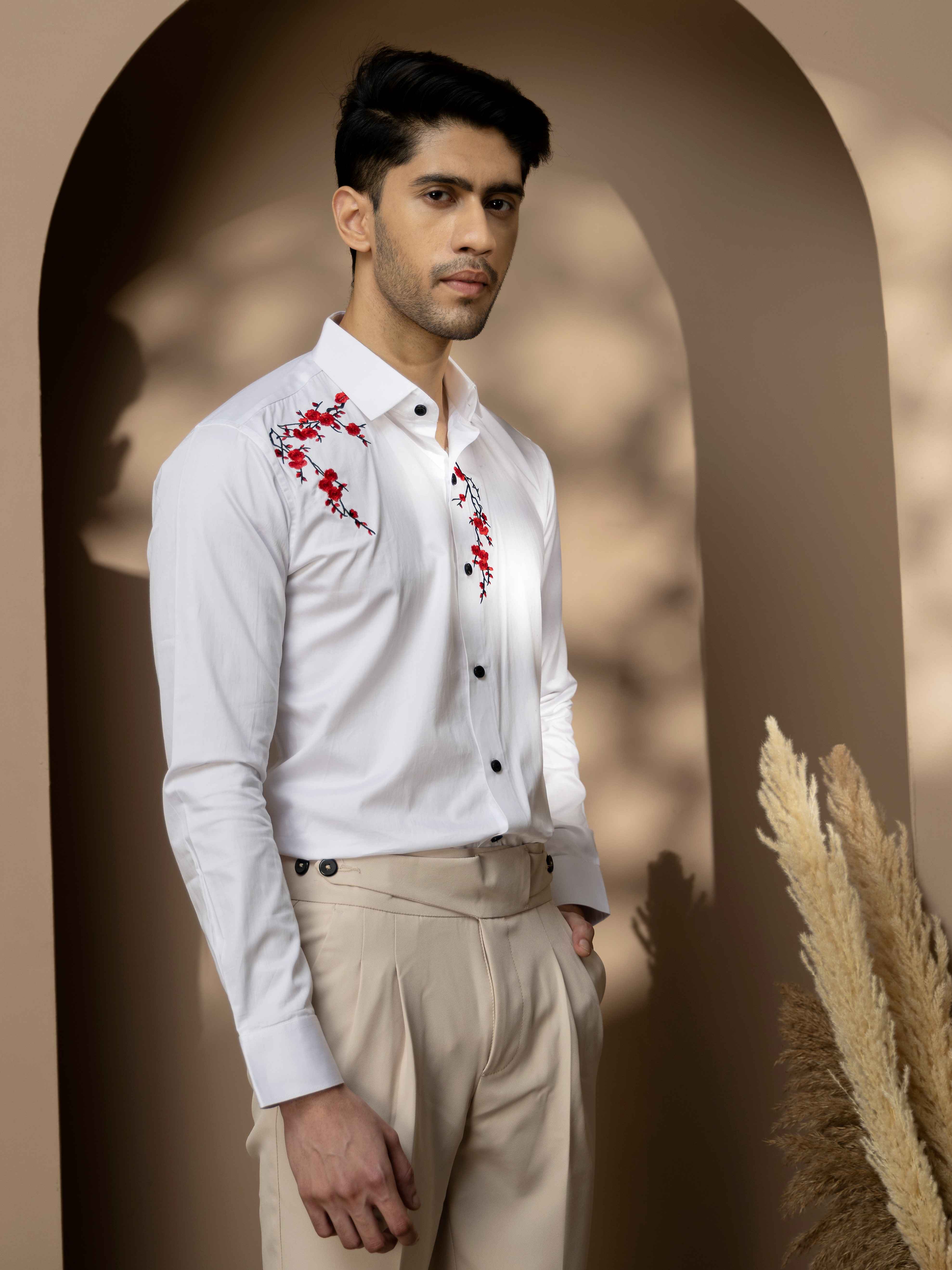 FOOMER WHITE EMBROIDERED DESIGNER WEAR SATIN COTTON SHIRT FOR MEN - Image 6