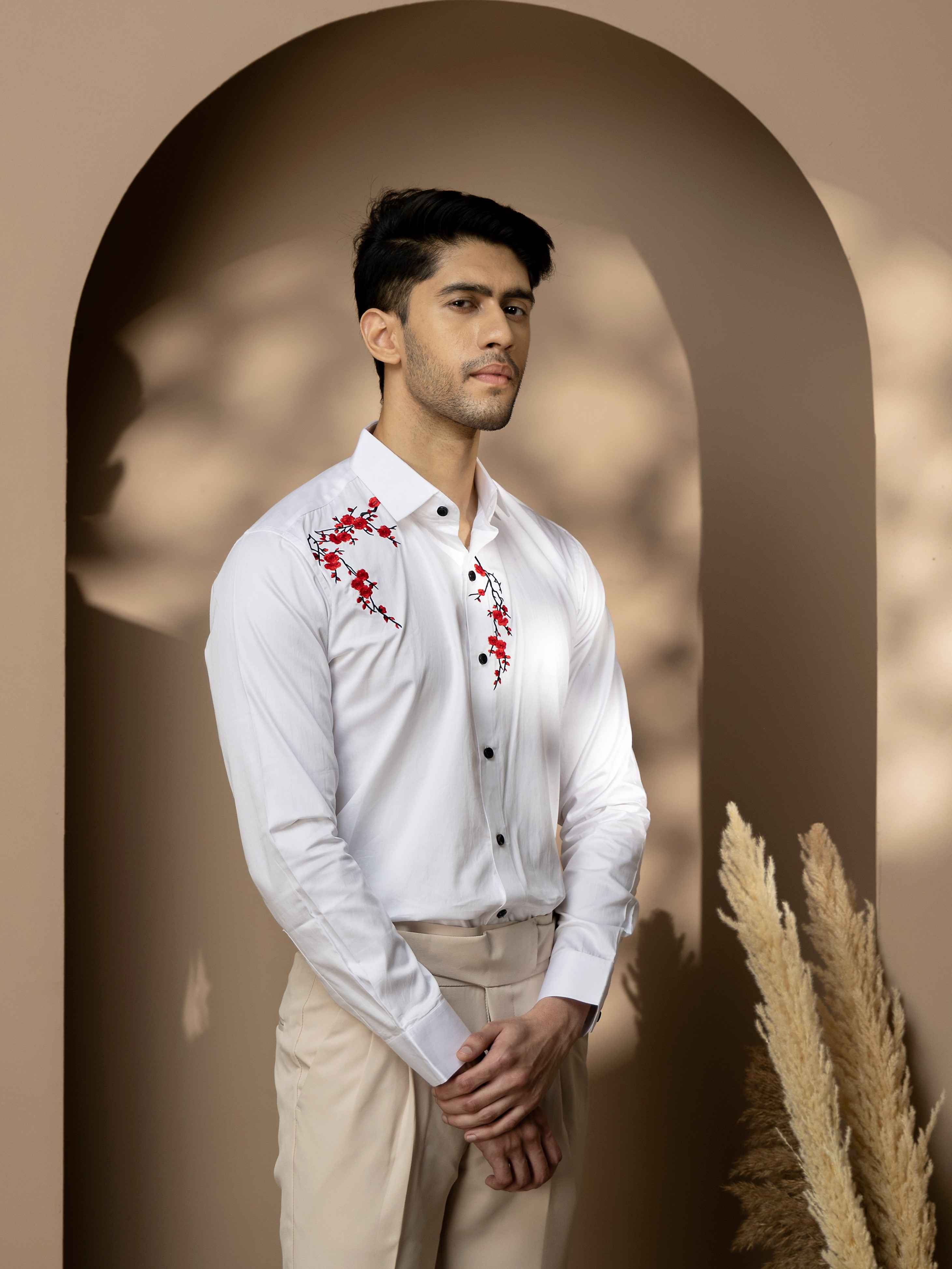 FOOMER WHITE EMBROIDERED DESIGNER WEAR SATIN COTTON SHIRT FOR MEN - Image 7