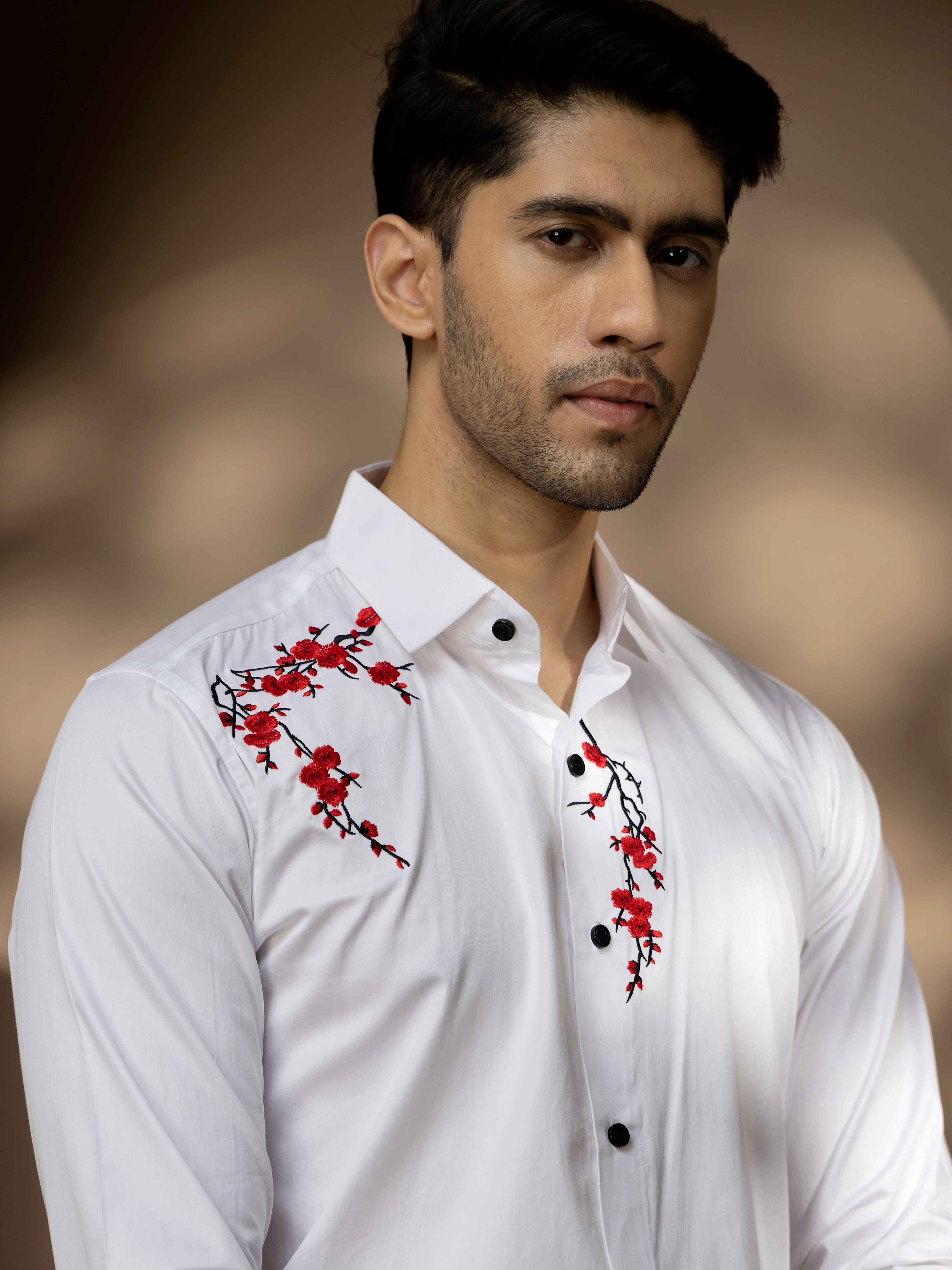 FOOMER WHITE EMBROIDERED DESIGNER WEAR SATIN COTTON SHIRT FOR MEN - Image 9