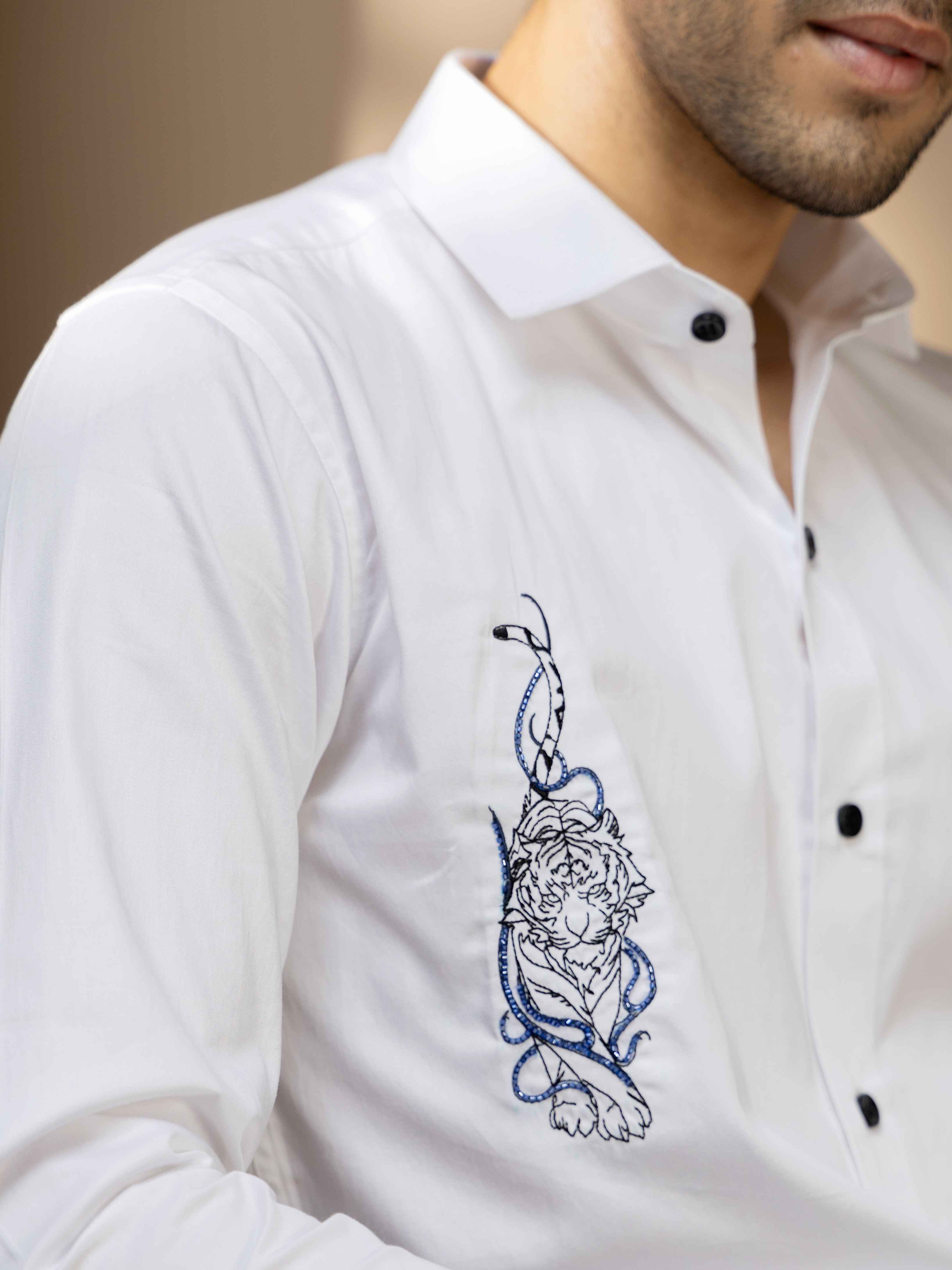 FOOMER WHITE EMBROIDERY SATIN COTTON SHIRT FOR MEN - Image 2