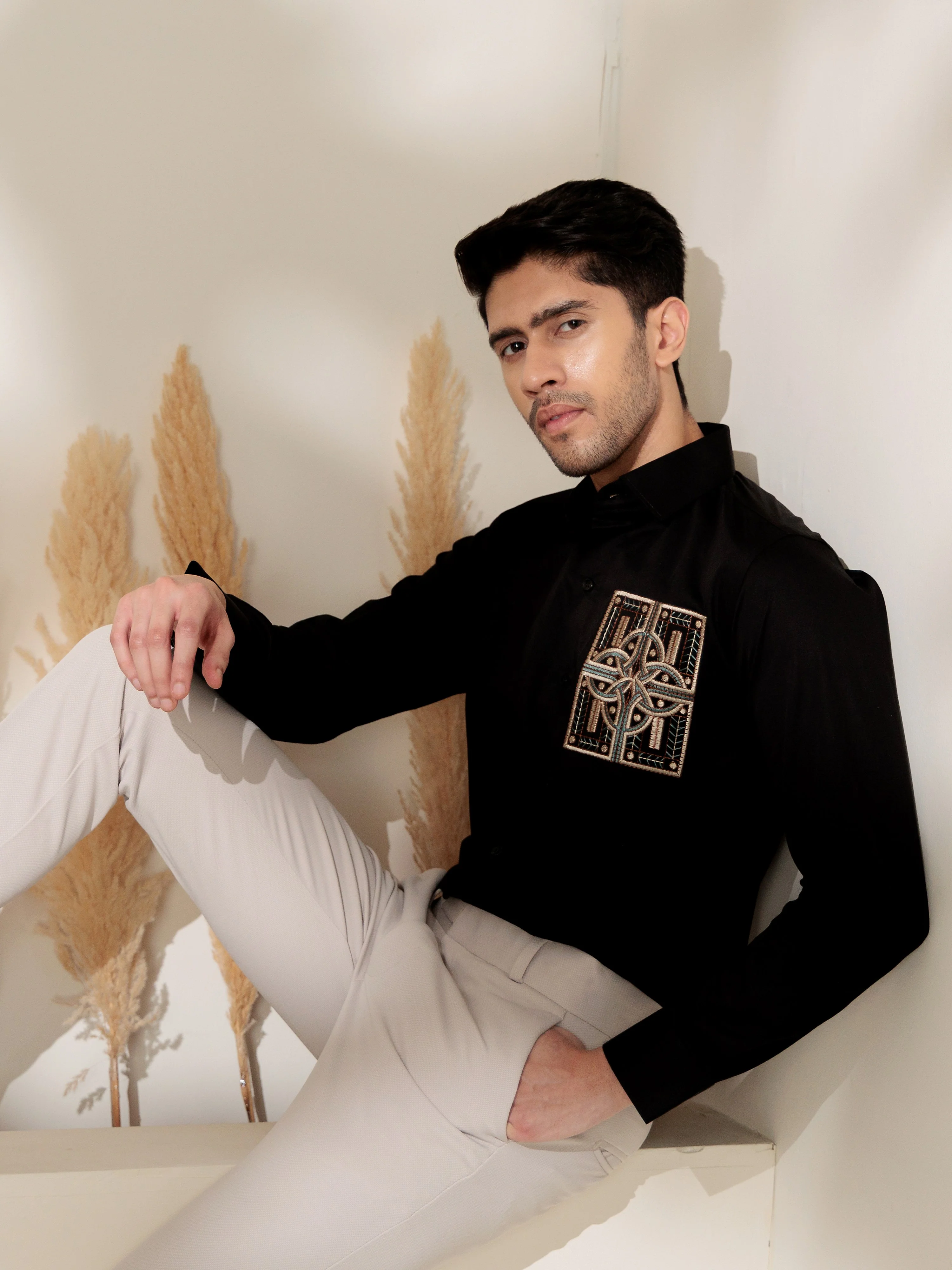 FOOMER BLACK GOLDEN EMBROIDERED CLUB WEAR SATIN COTTON SHIRT FOR MEN - Image 5