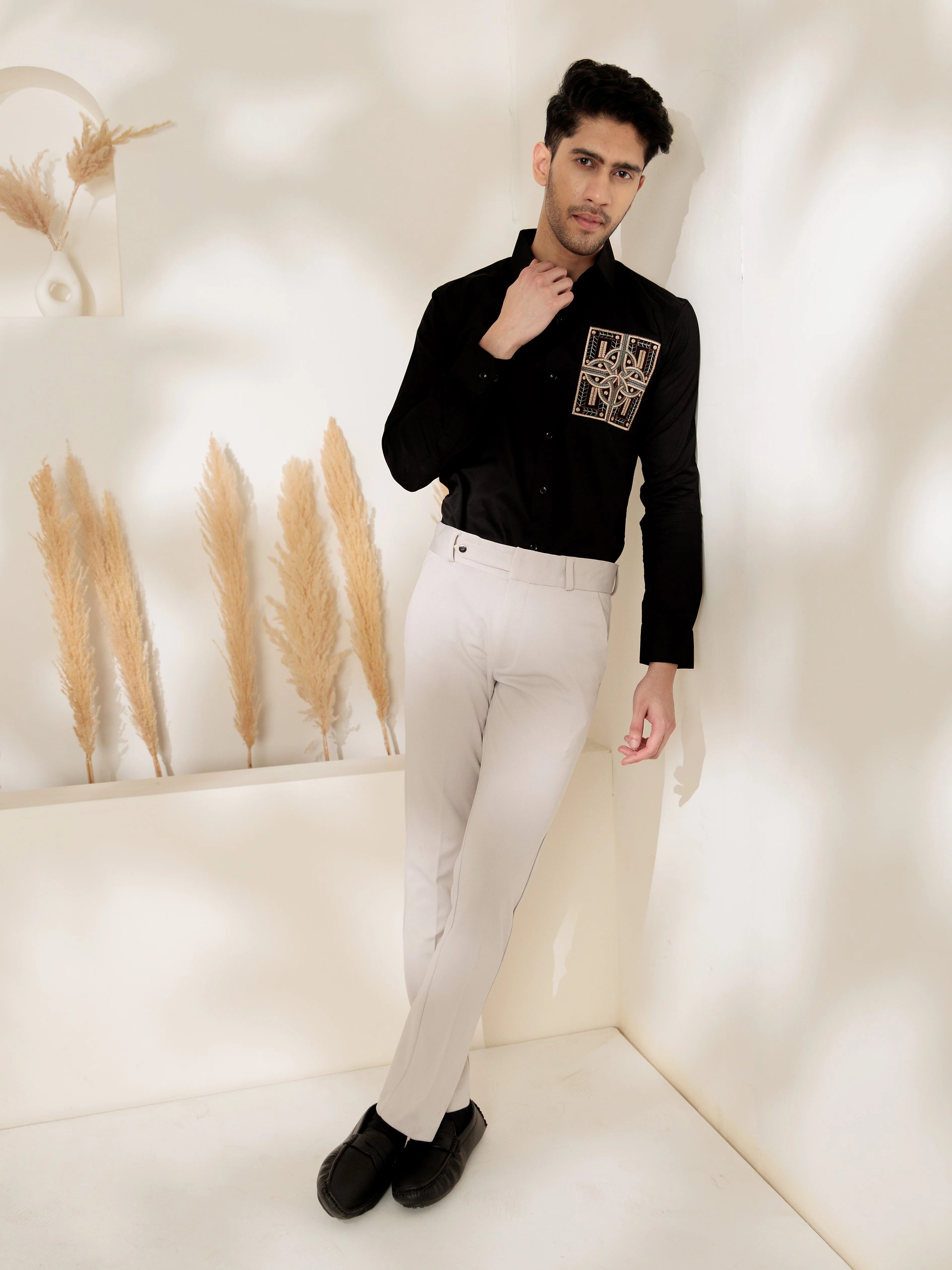 FOOMER BLACK GOLDEN EMBROIDERED CLUB WEAR SATIN COTTON SHIRT FOR MEN - Image 6