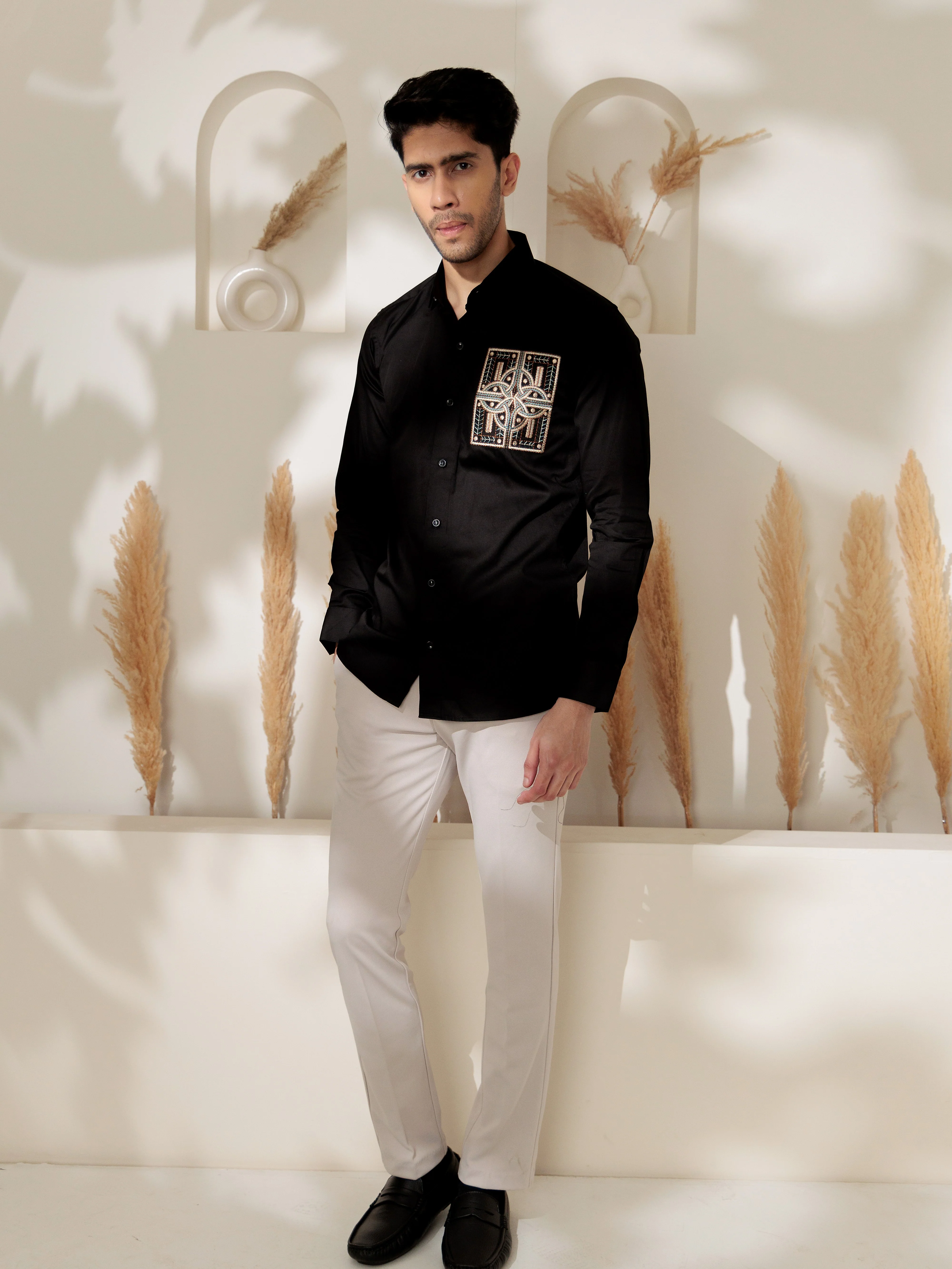 FOOMER BLACK GOLDEN EMBROIDERED CLUB WEAR SATIN COTTON SHIRT FOR MEN - Image 7