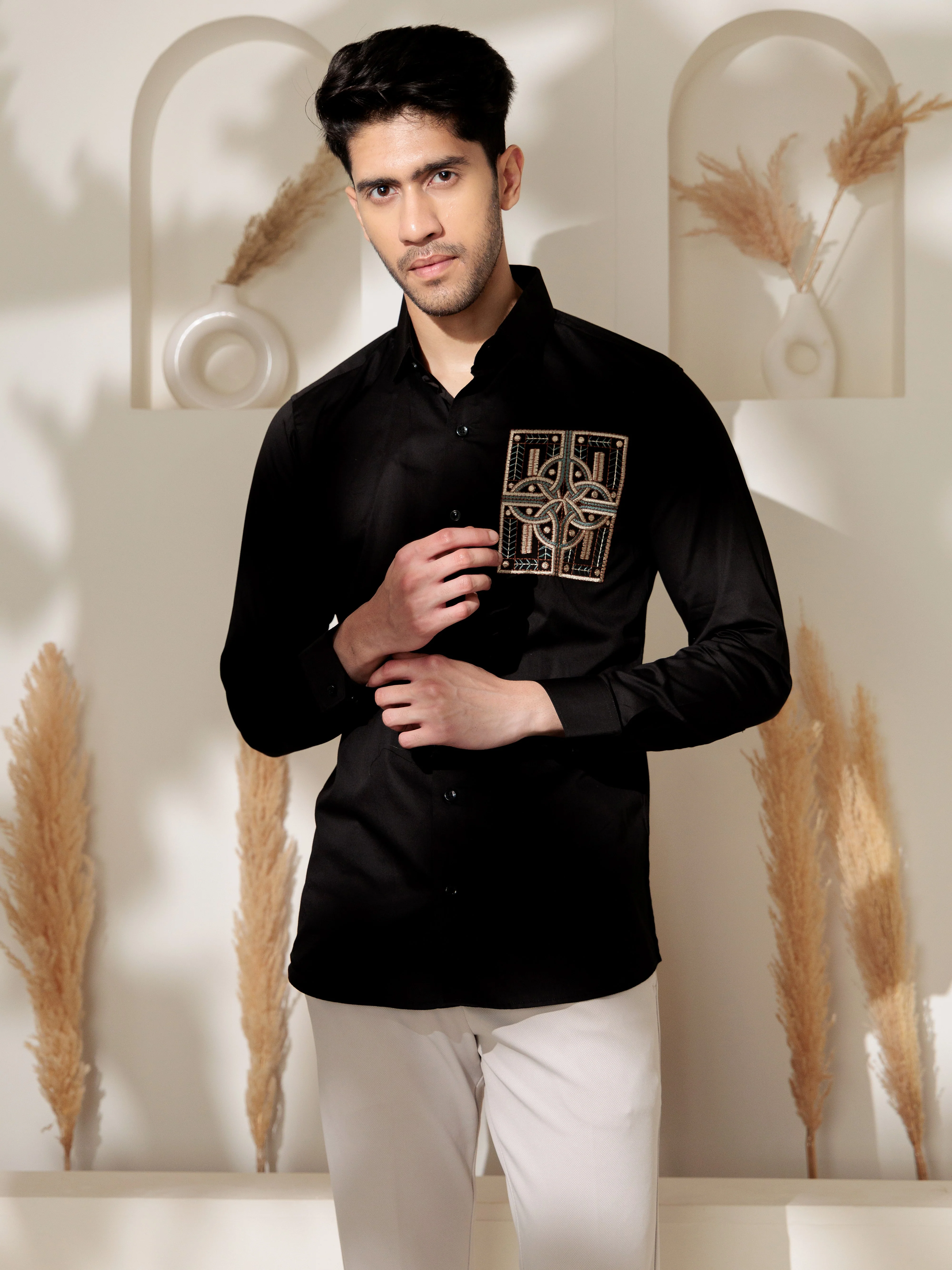 FOOMER BLACK GOLDEN EMBROIDERED CLUB WEAR SATIN COTTON SHIRT FOR MEN - Image 8