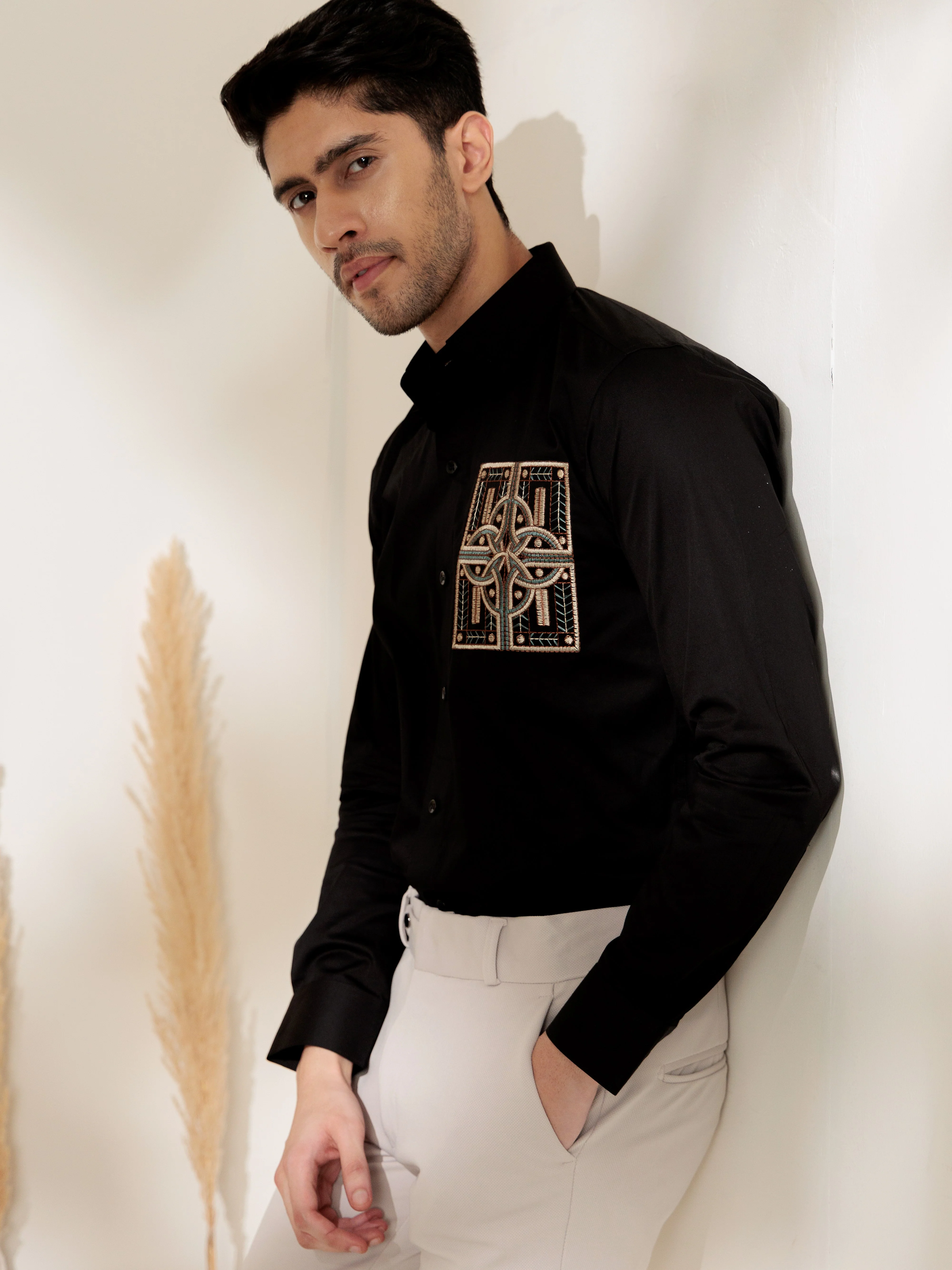 FOOMER BLACK GOLDEN EMBROIDERED CLUB WEAR SATIN COTTON SHIRT FOR MEN - Image 9