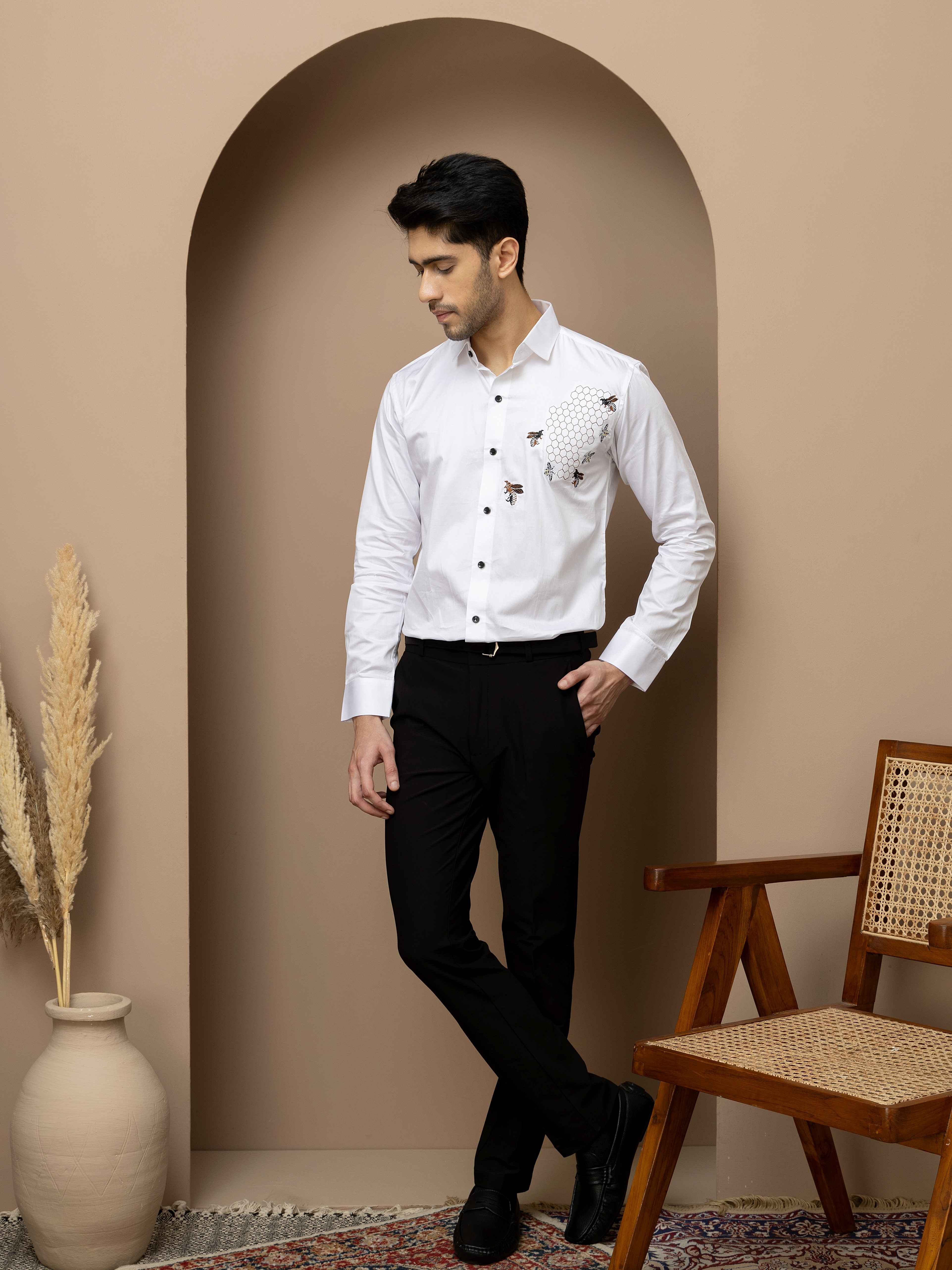 FOOMER WHITE HONEY BEES EMBROIDERED CLUB WEAR SATIN COTTON SHIRT - Image 4