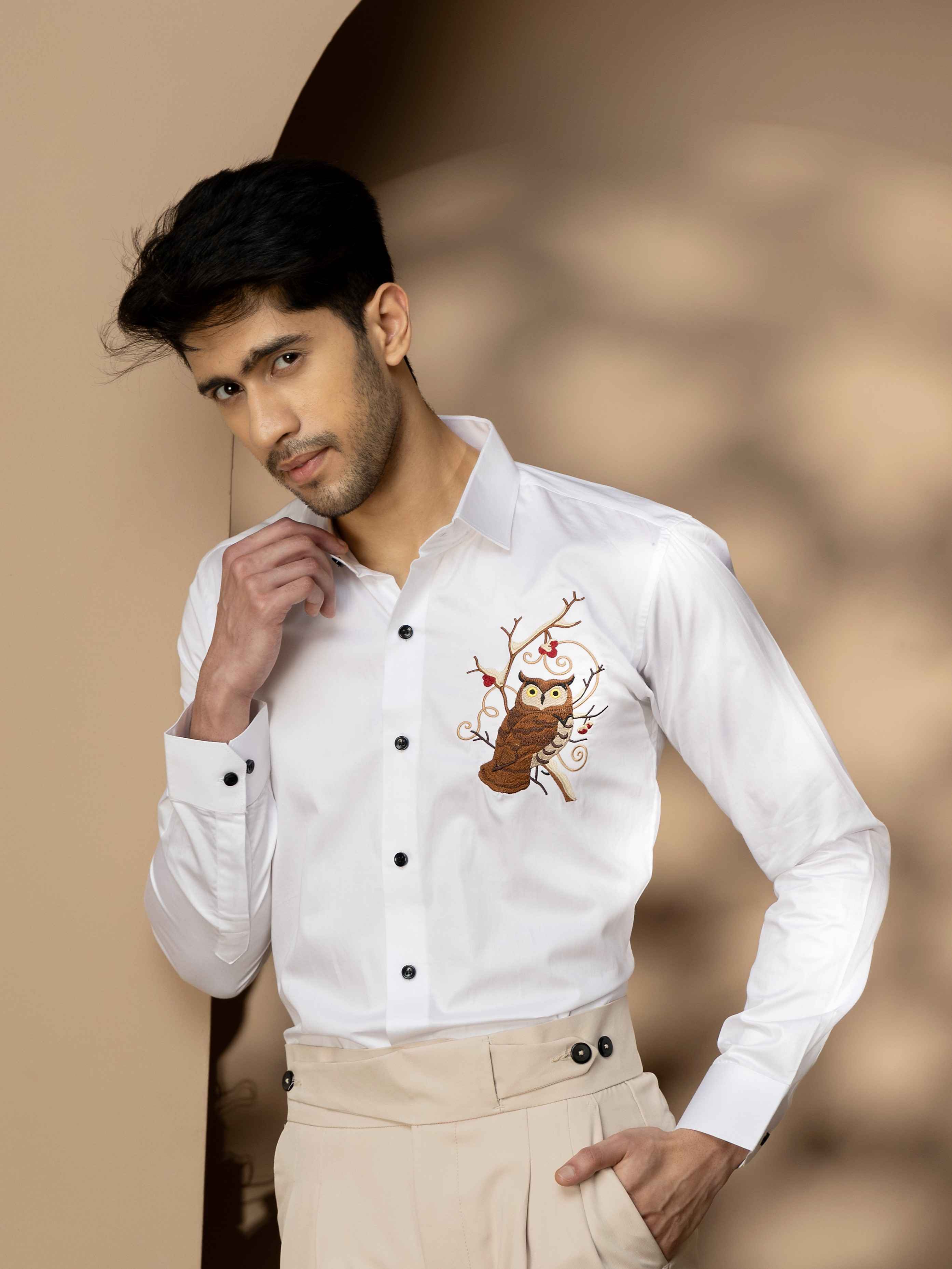 FOOMER WHITE OWL EMBROIDERED CLUB WEAR SATIN COTTON SHIRT