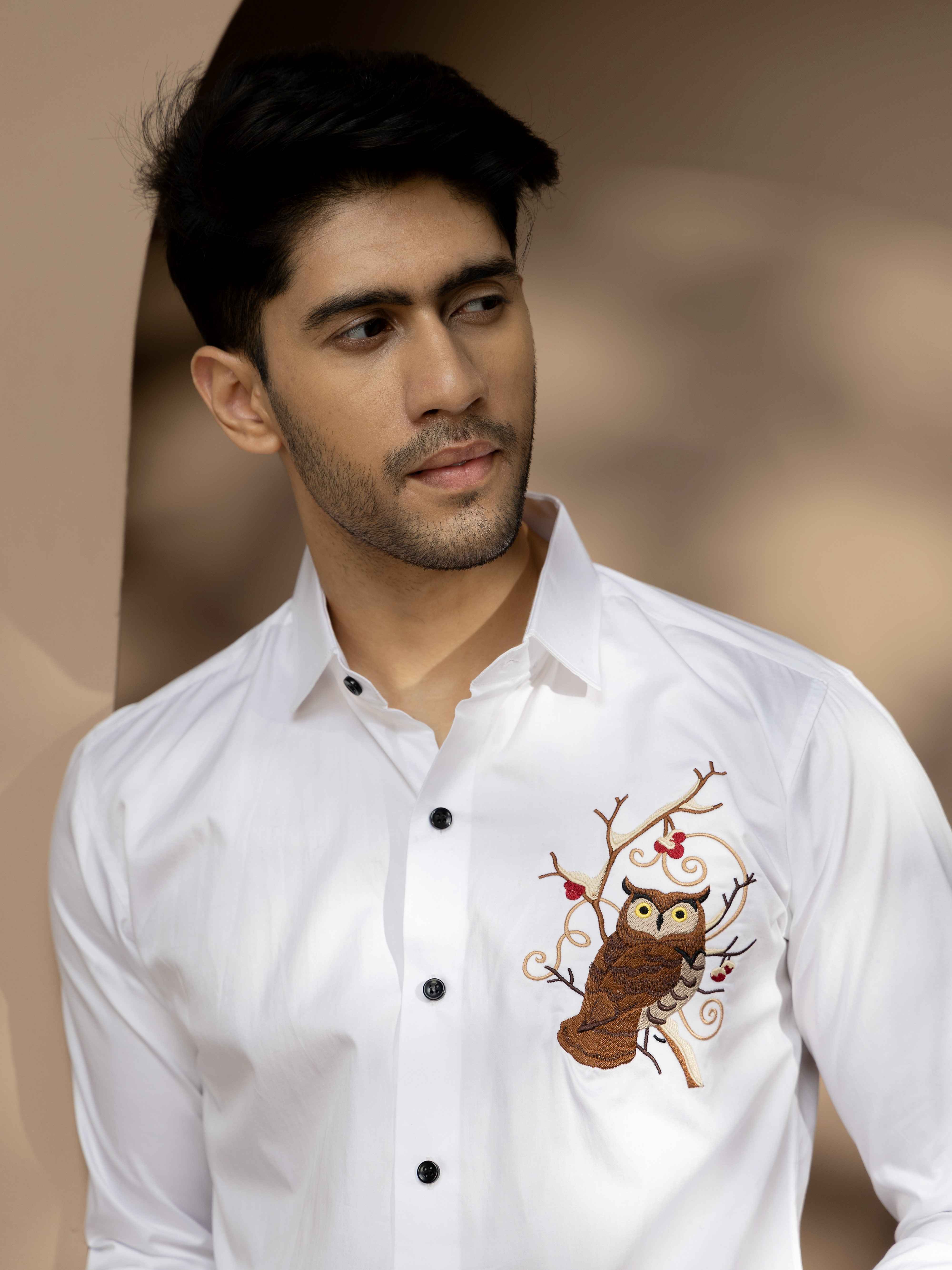 FOOMER WHITE OWL EMBROIDERED CLUB WEAR SATIN COTTON SHIRT - Image 2