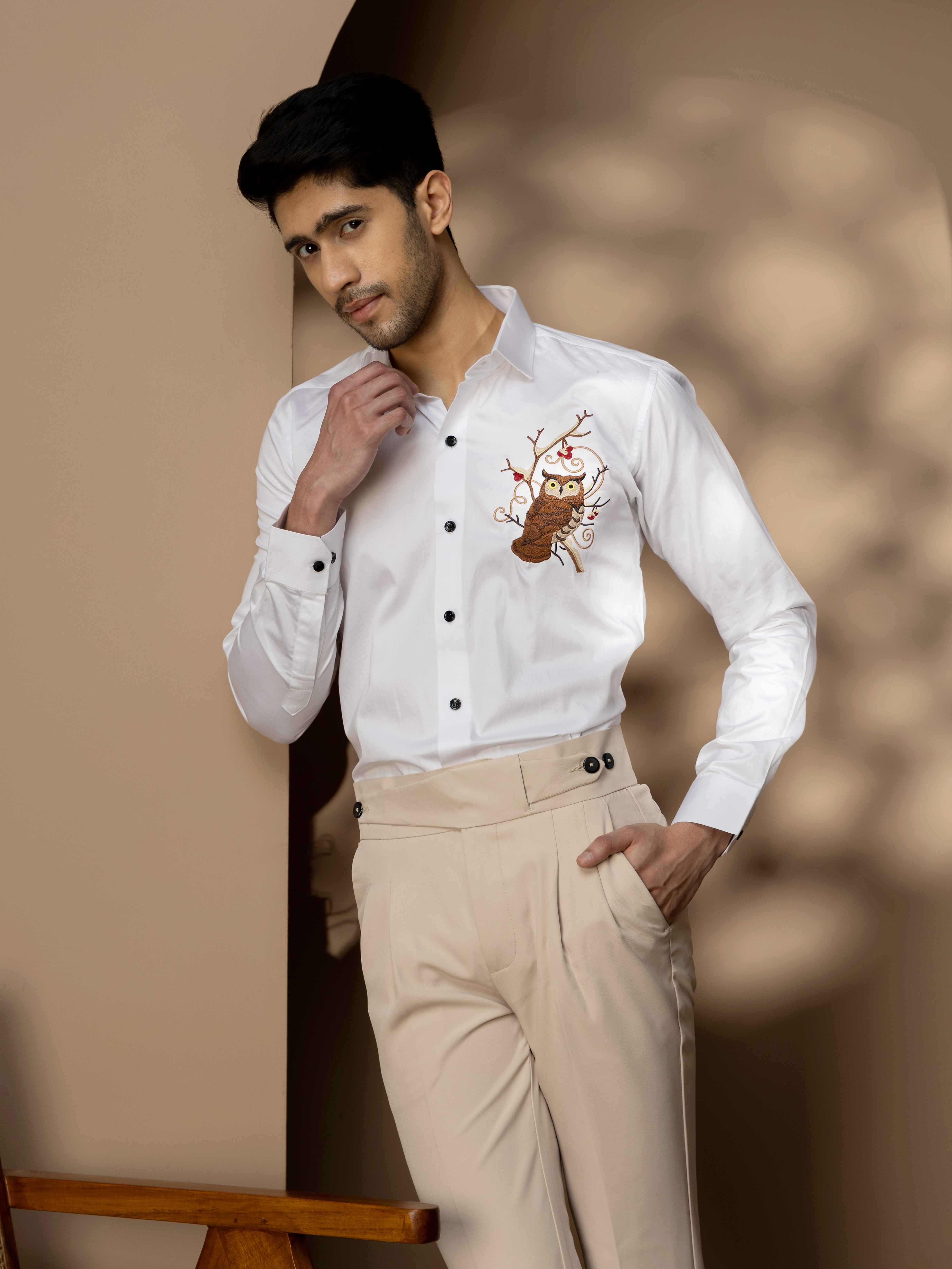 FOOMER WHITE OWL EMBROIDERED CLUB WEAR SATIN COTTON SHIRT - Image 7