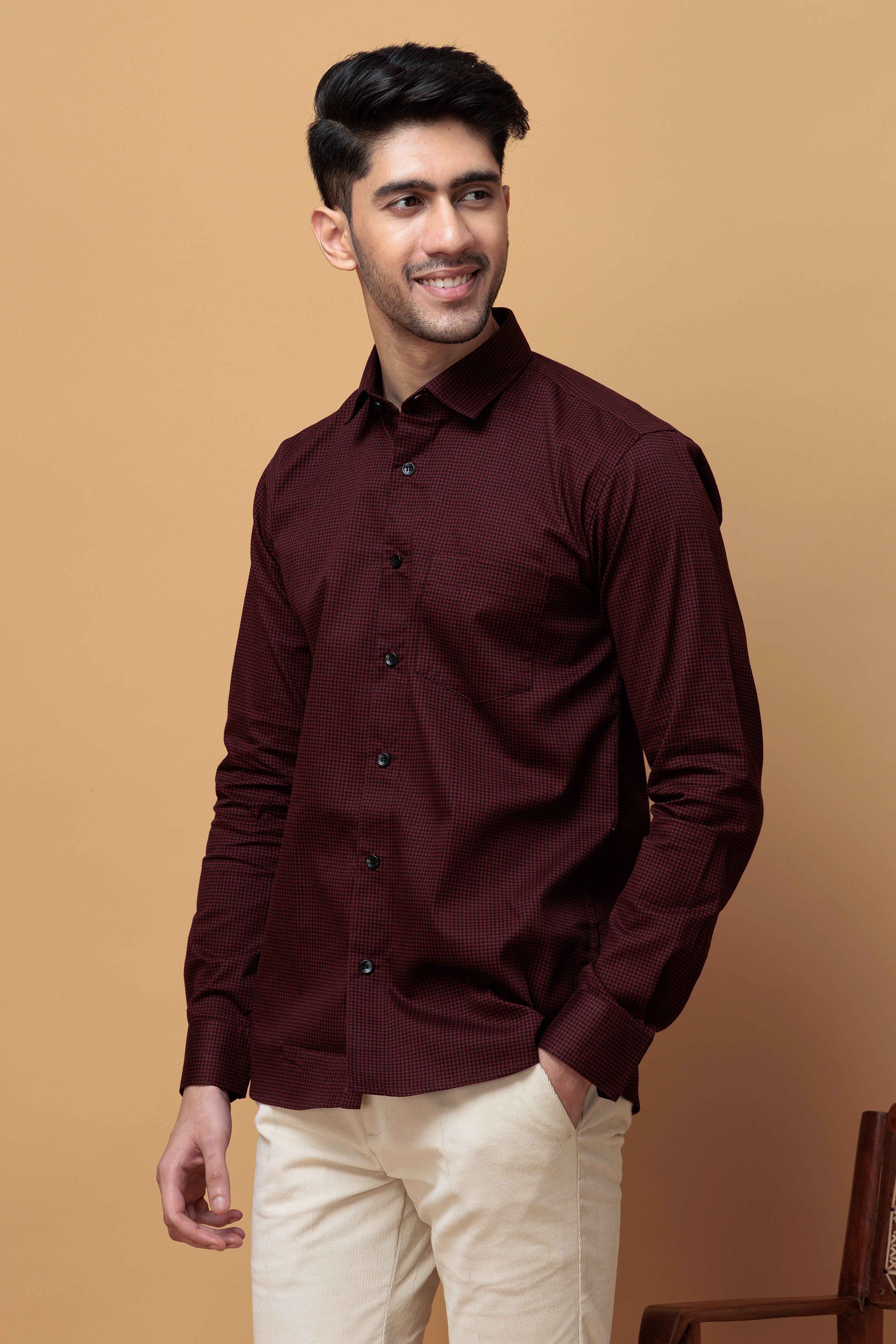 FOOMER WINE MINI CHECKED COTTON CASUAL SHIRT FOR MEN'S - Image 4