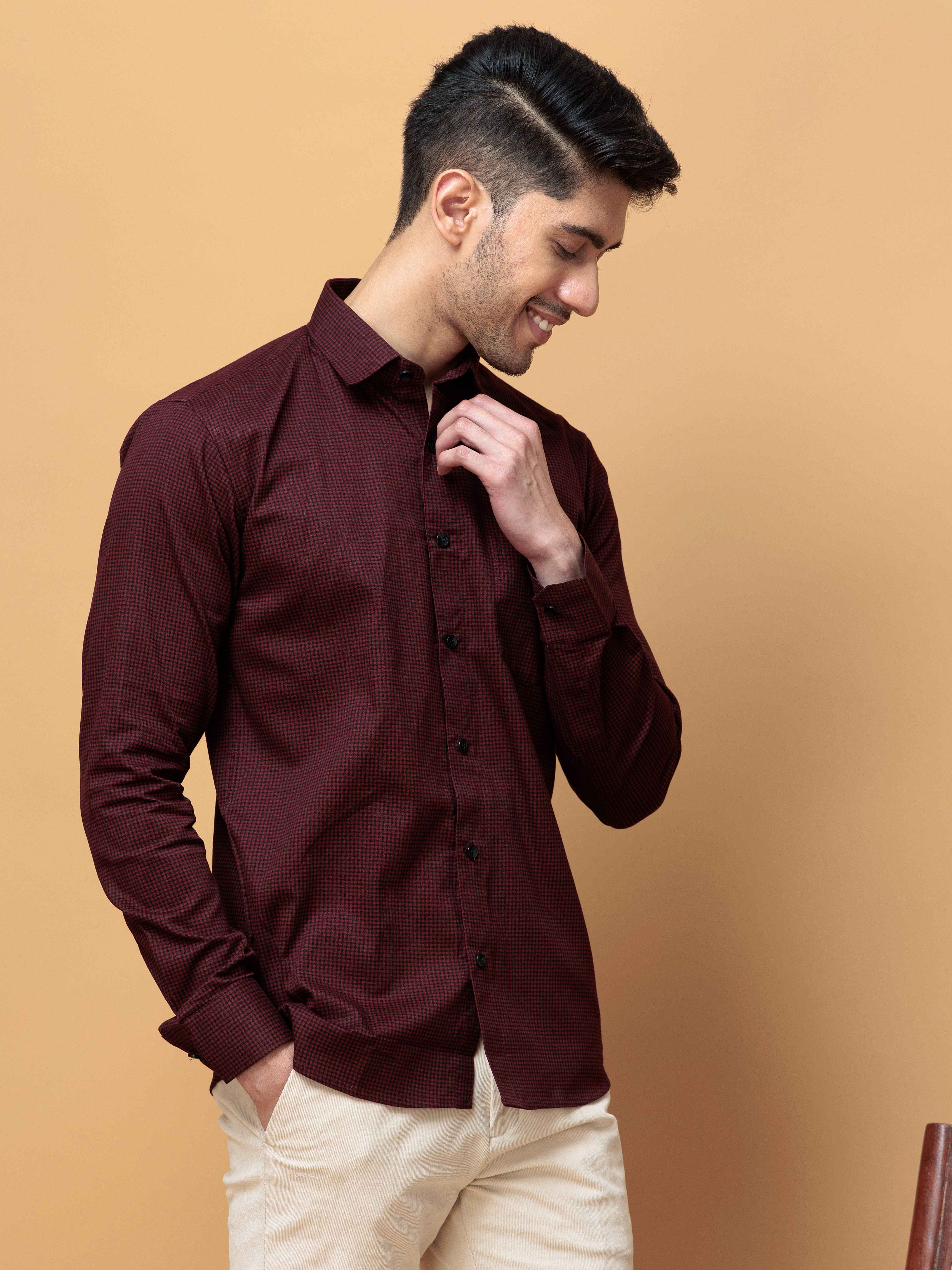 FOOMER WINE MINI CHECKED COTTON CASUAL SHIRT FOR MEN'S - Image 7