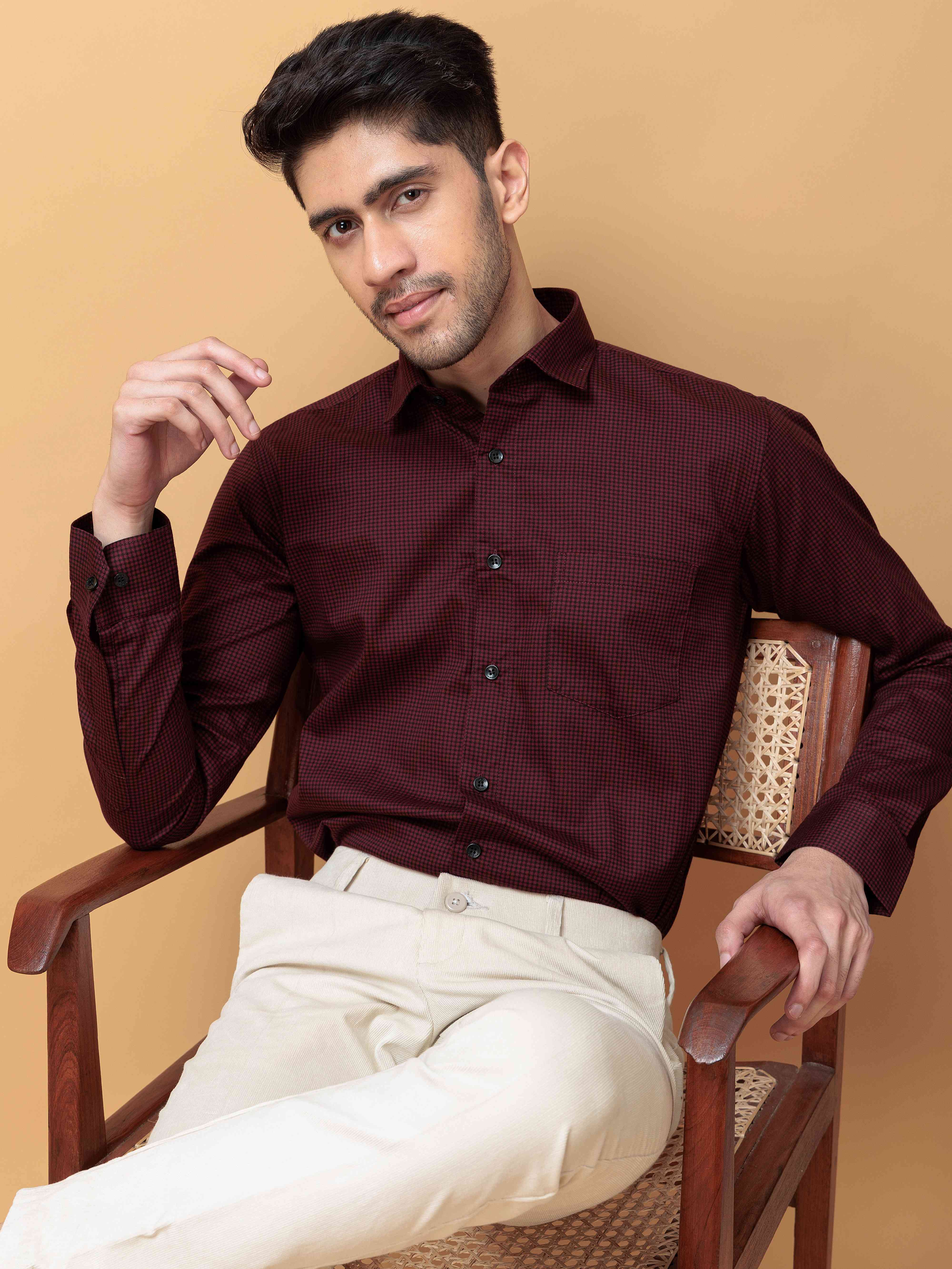 FOOMER WINE MINI CHECKED COTTON CASUAL SHIRT FOR MEN'S - Image 9