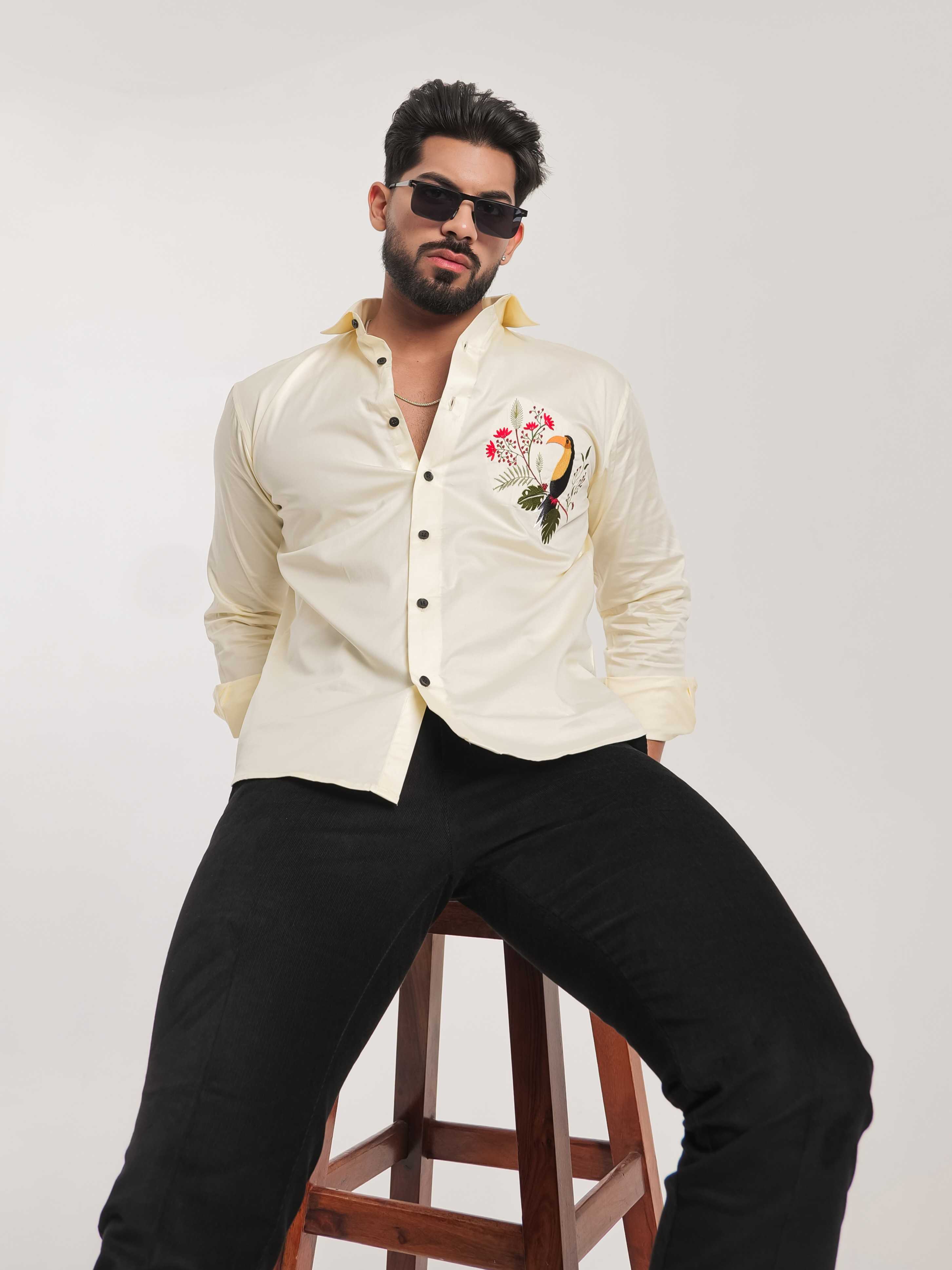 FOOMER YELLOW EMBROIDERY DESIGNER SATIN SHIRT FOR MEN'S - Image 10