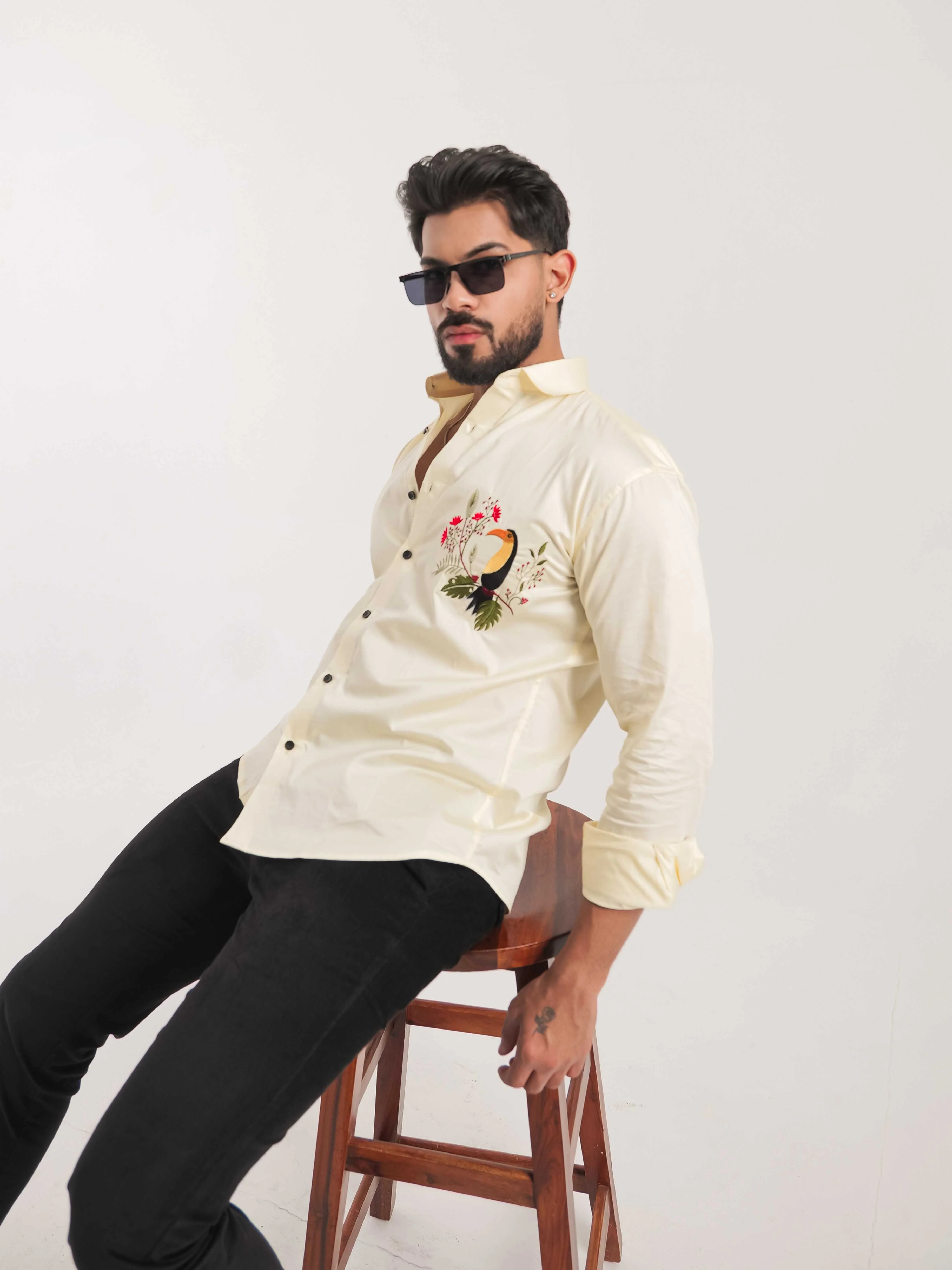 FOOMER YELLOW EMBROIDERY DESIGNER SATIN SHIRT FOR MEN'S - Image 11