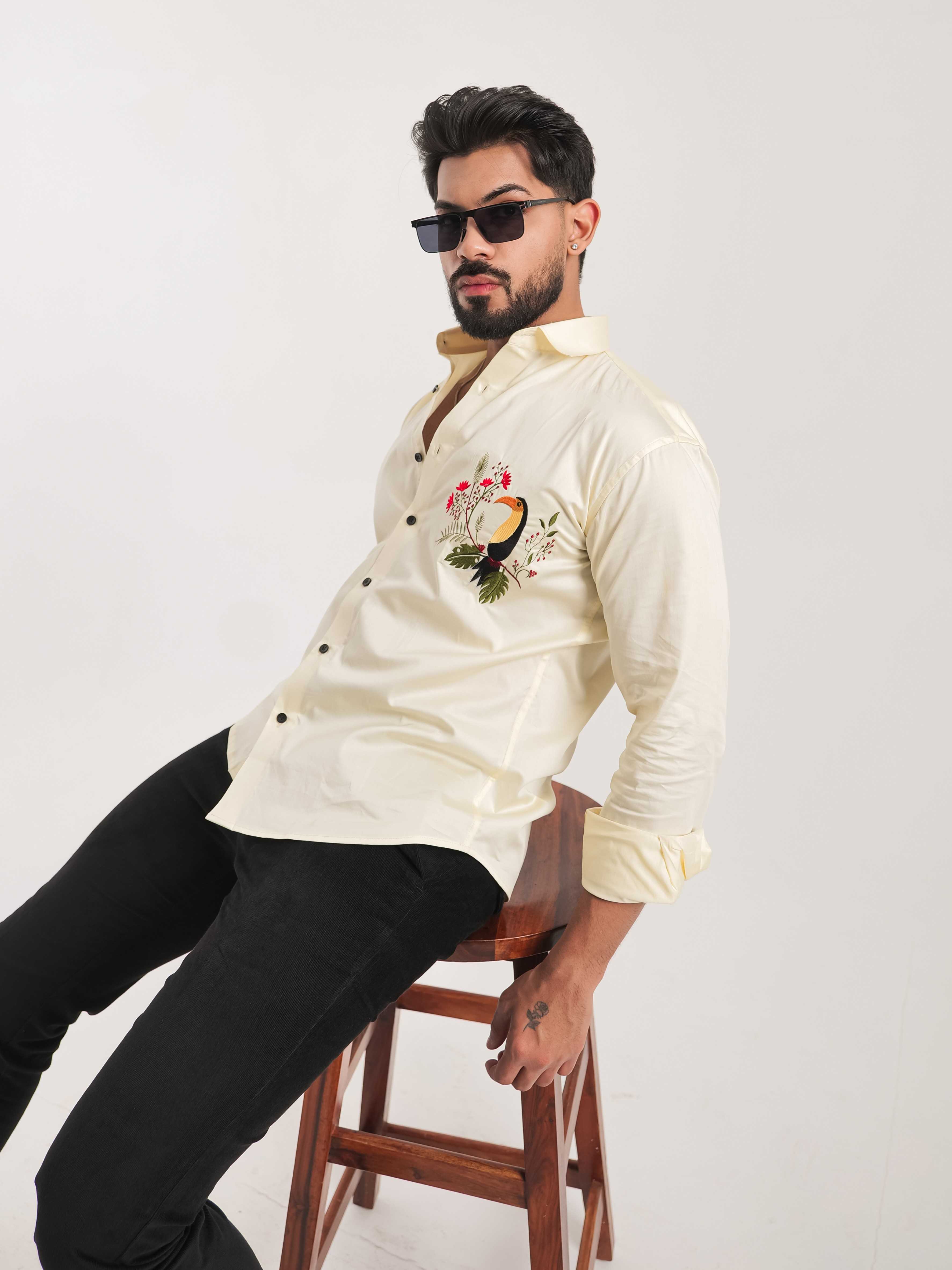FOOMER YELLOW EMBROIDERY DESIGNER SATIN SHIRT FOR MEN'S - Image 12