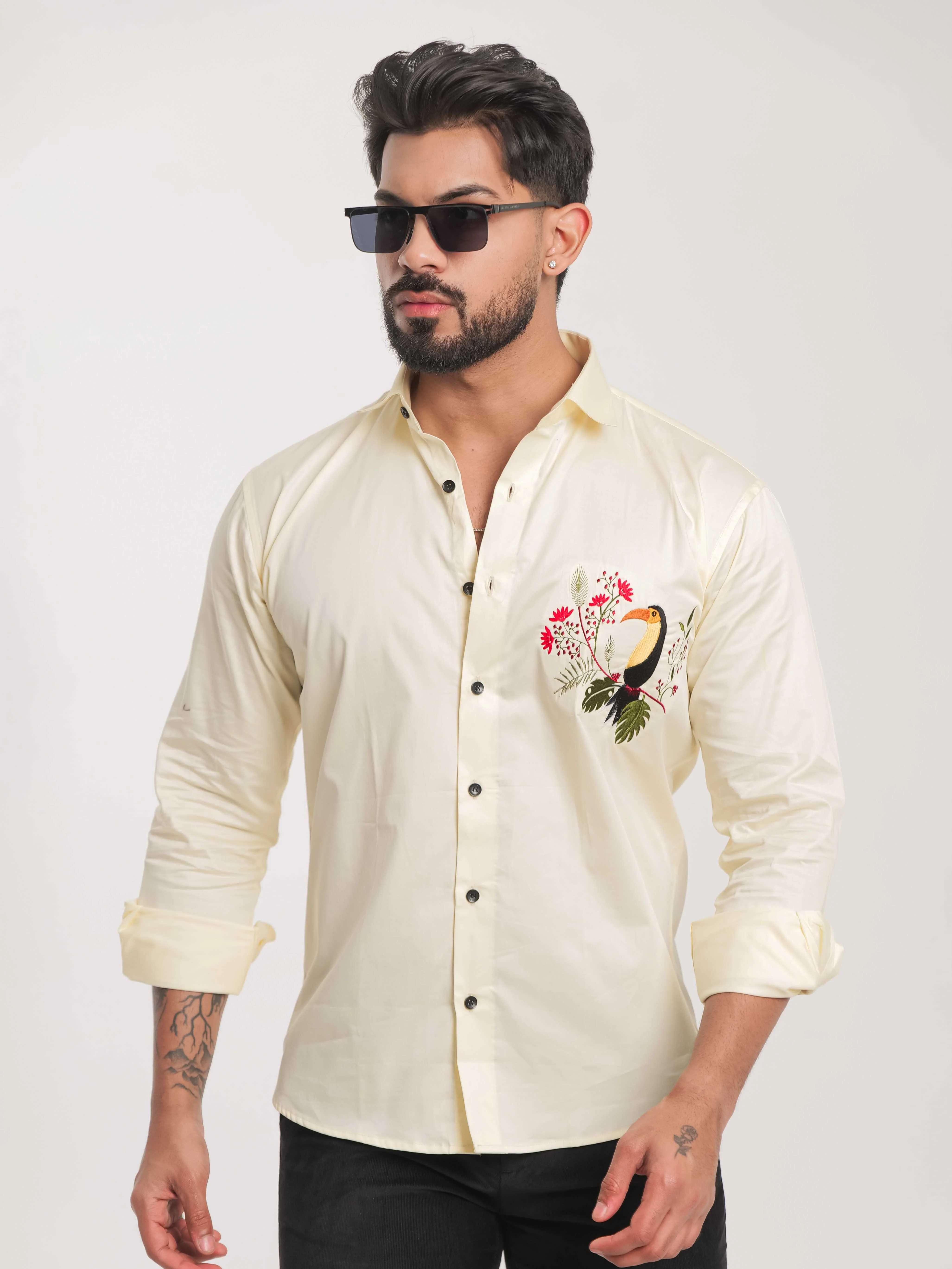 FOOMER YELLOW EMBROIDERY DESIGNER SATIN SHIRT FOR MEN'S - Image 16