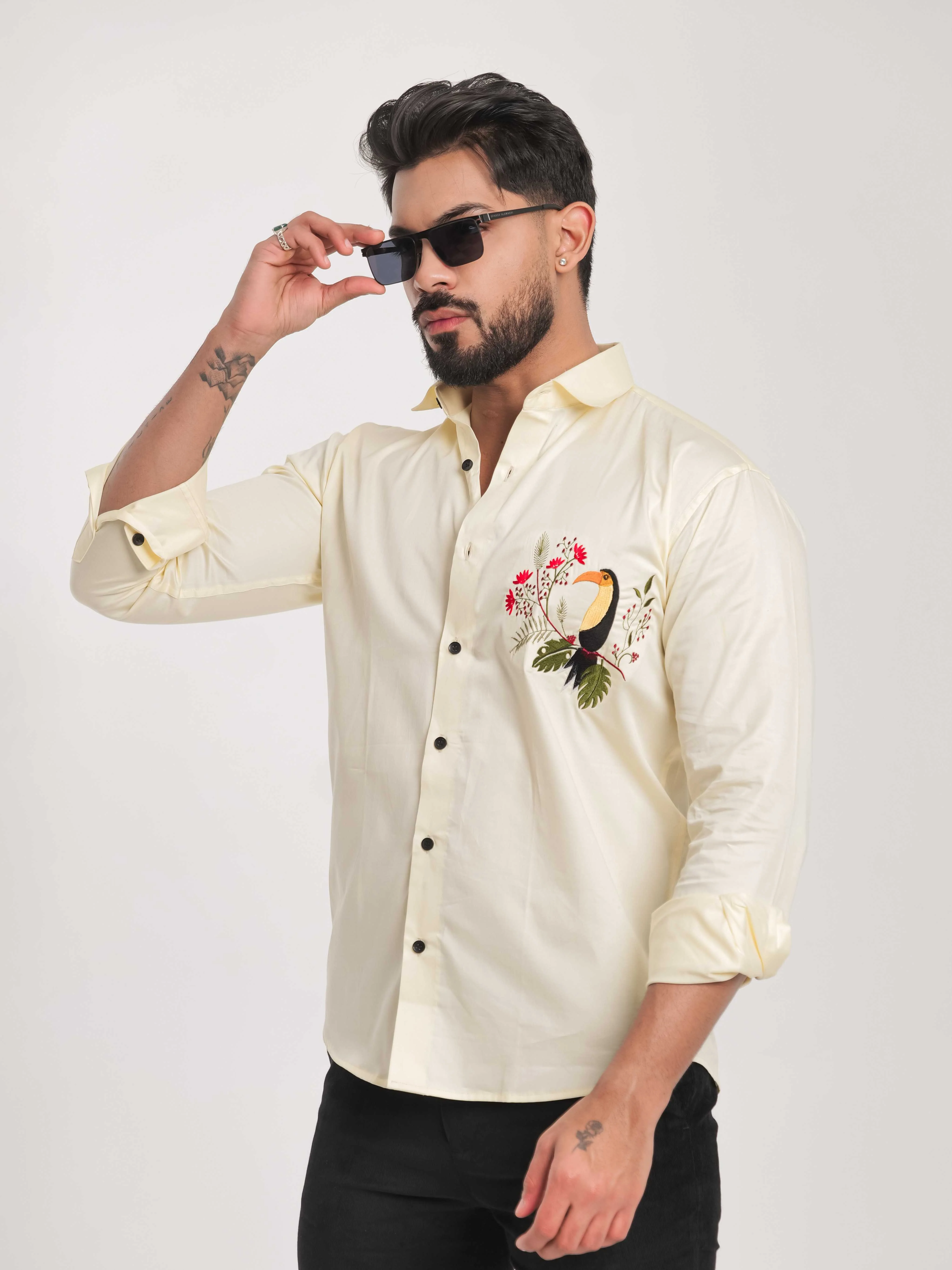 FOOMER YELLOW EMBROIDERY DESIGNER SATIN SHIRT FOR MEN'S - Image 3