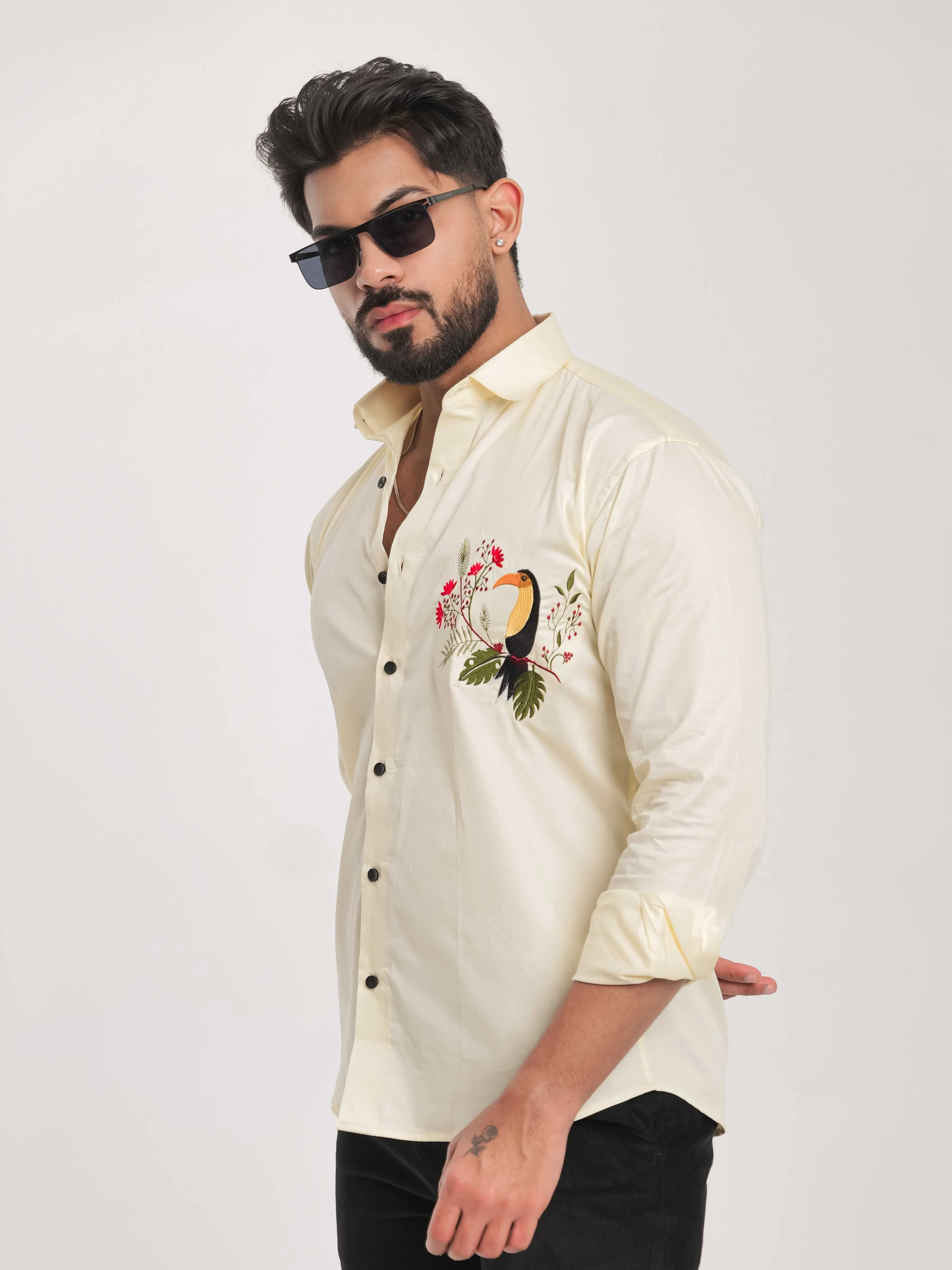 FOOMER YELLOW EMBROIDERY DESIGNER SATIN SHIRT FOR MEN'S - Image 4