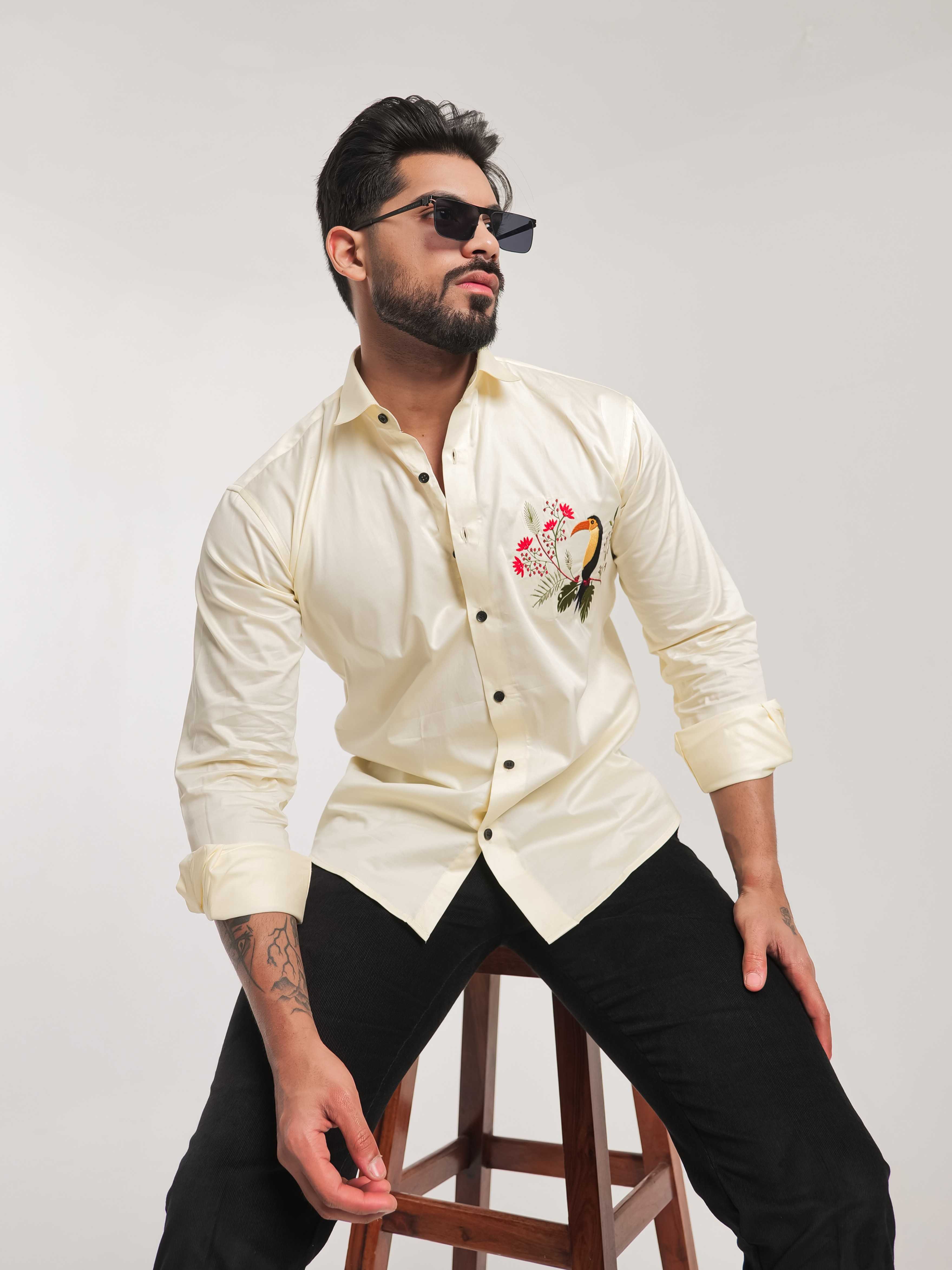 FOOMER YELLOW EMBROIDERY DESIGNER SATIN SHIRT FOR MEN'S - Image 9