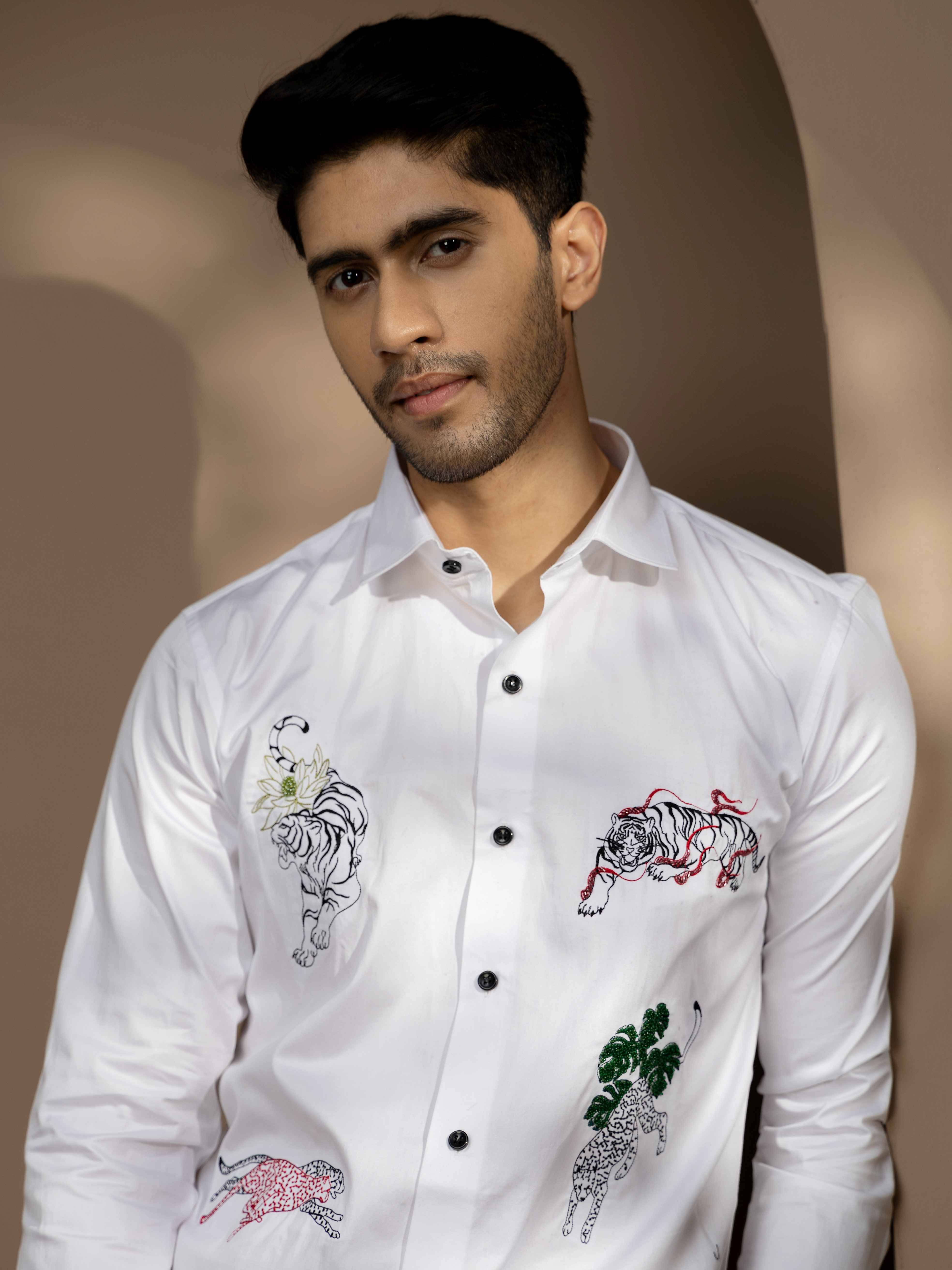 FOOMER ZOO EMBROIDERED WHITE LUXURY COTTON SHIRT FOR MEN - Image 2