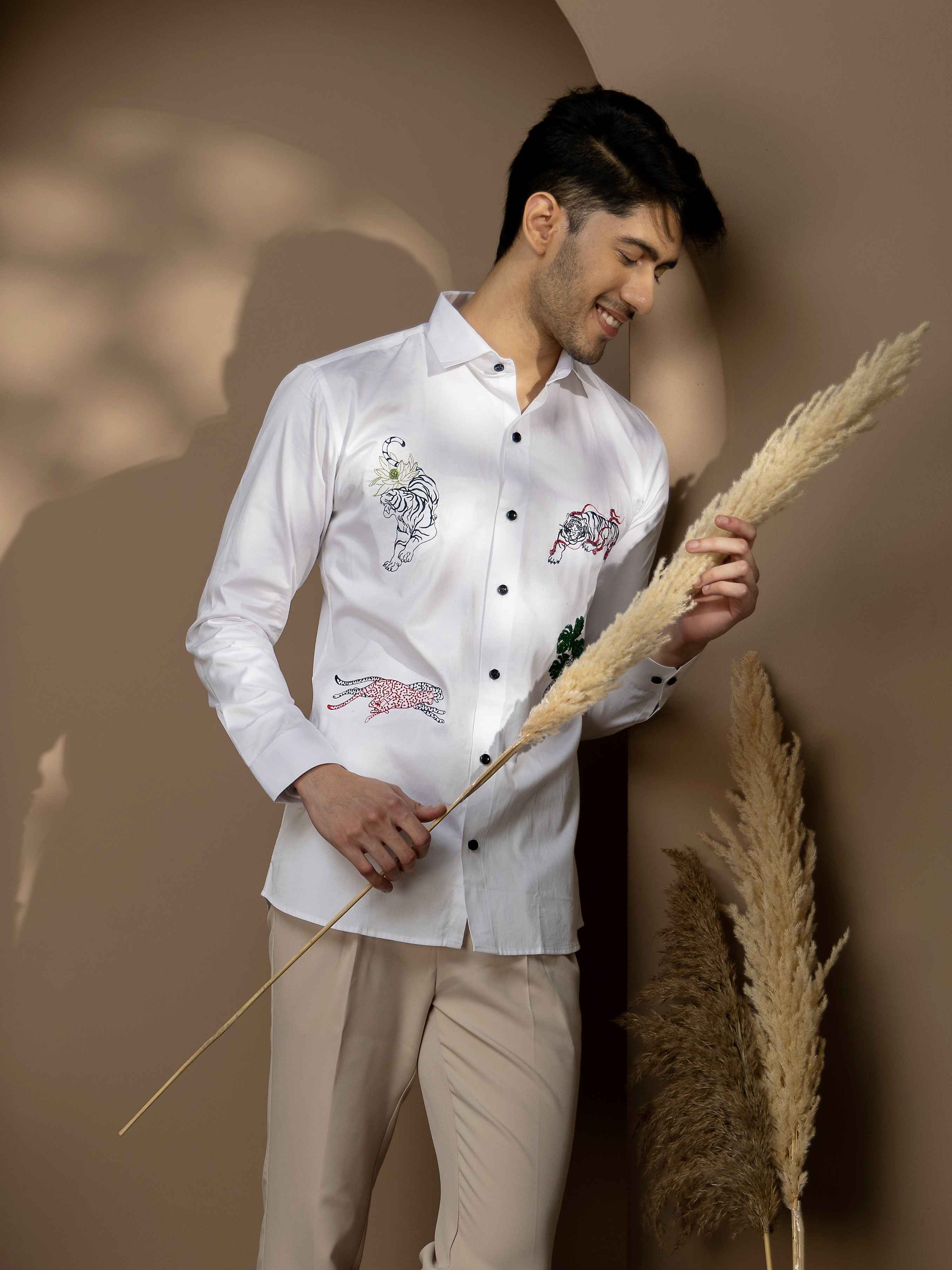 FOOMER ZOO EMBROIDERED WHITE LUXURY COTTON SHIRT FOR MEN - Image 5
