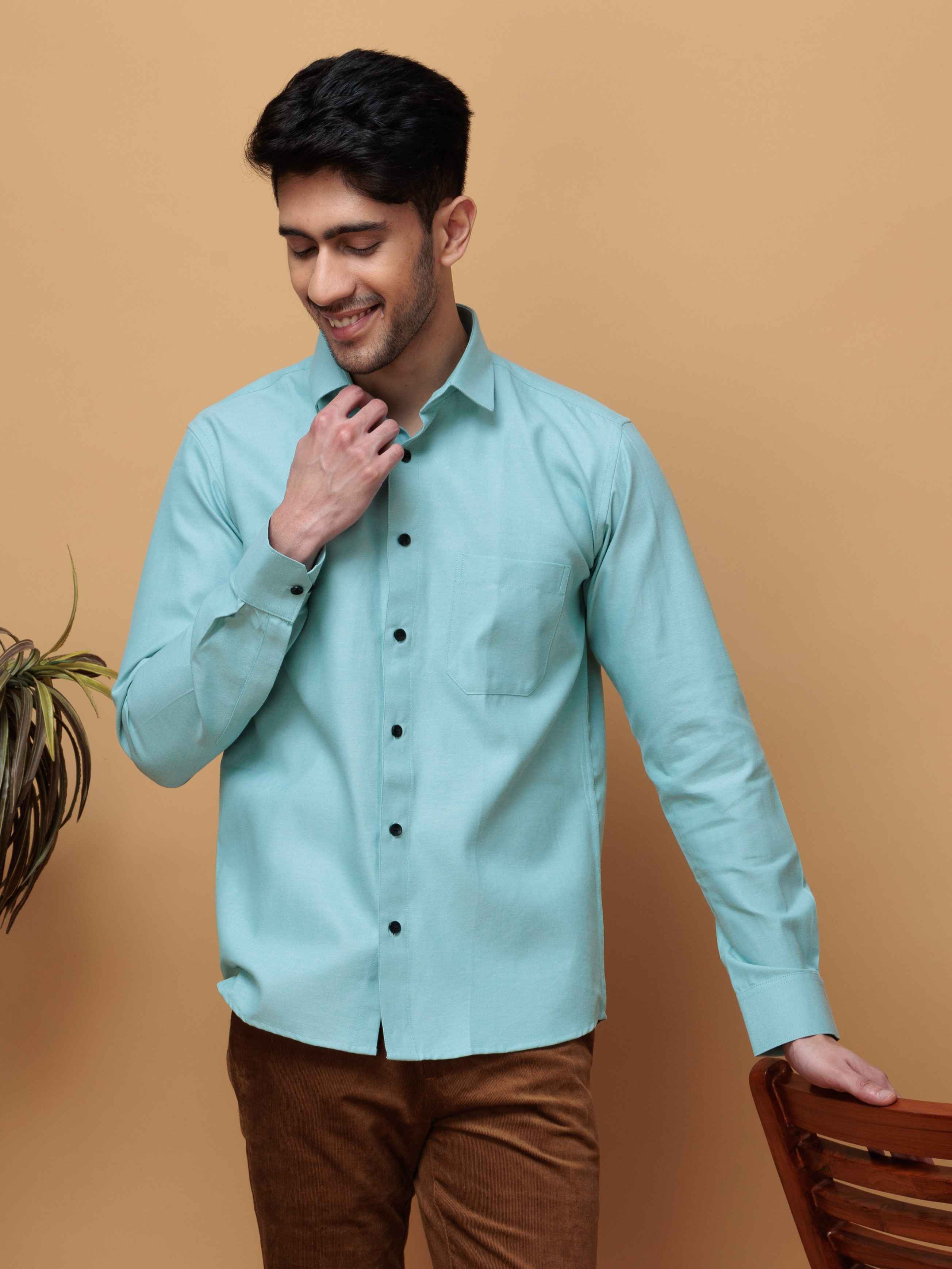FORMAL CYAN PLAIN OXFORD COTTON CASUAL SHIRT FOR MEN'S