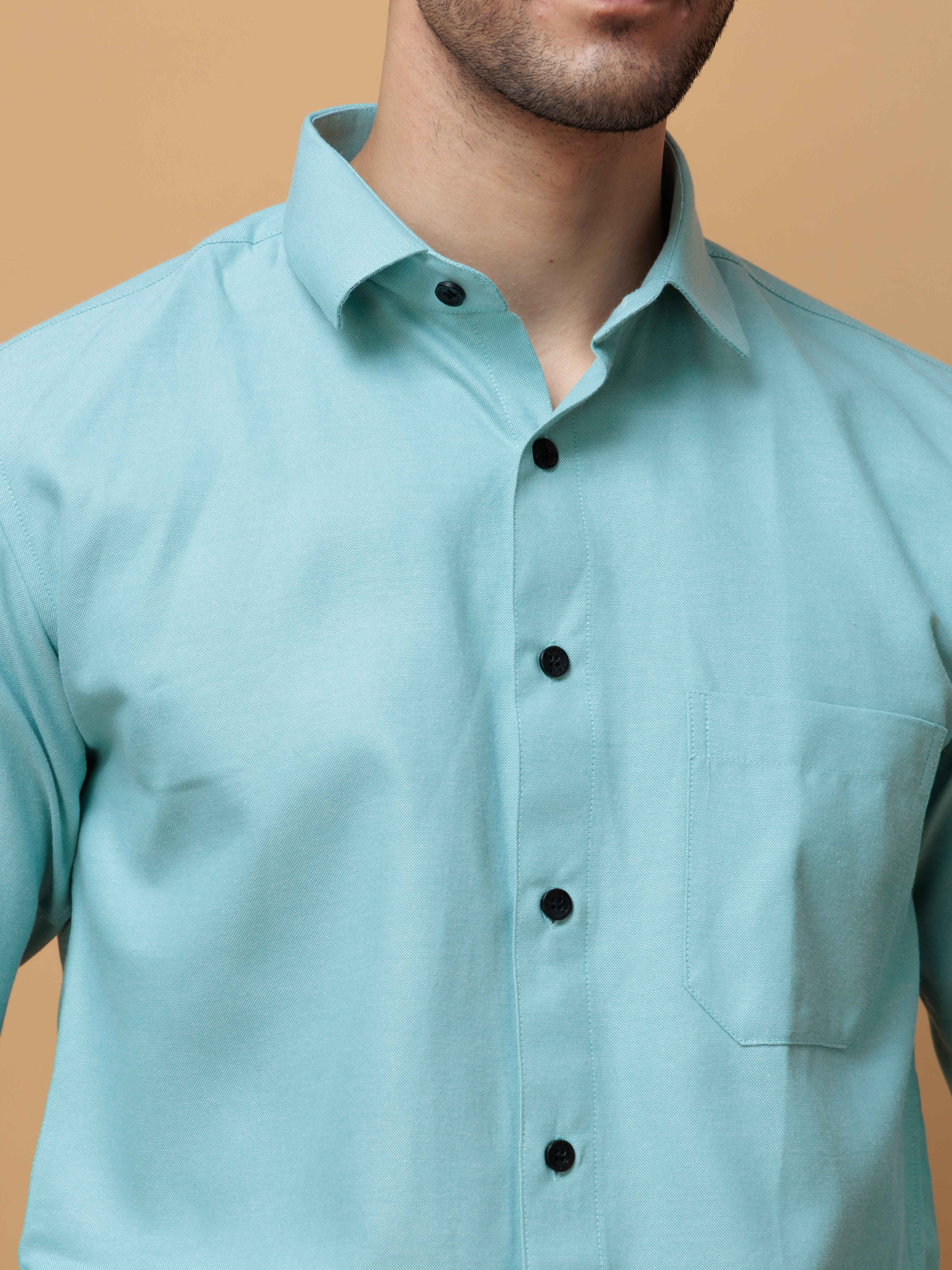 FORMAL CYAN PLAIN OXFORD COTTON CASUAL SHIRT FOR MEN'S - Image 2