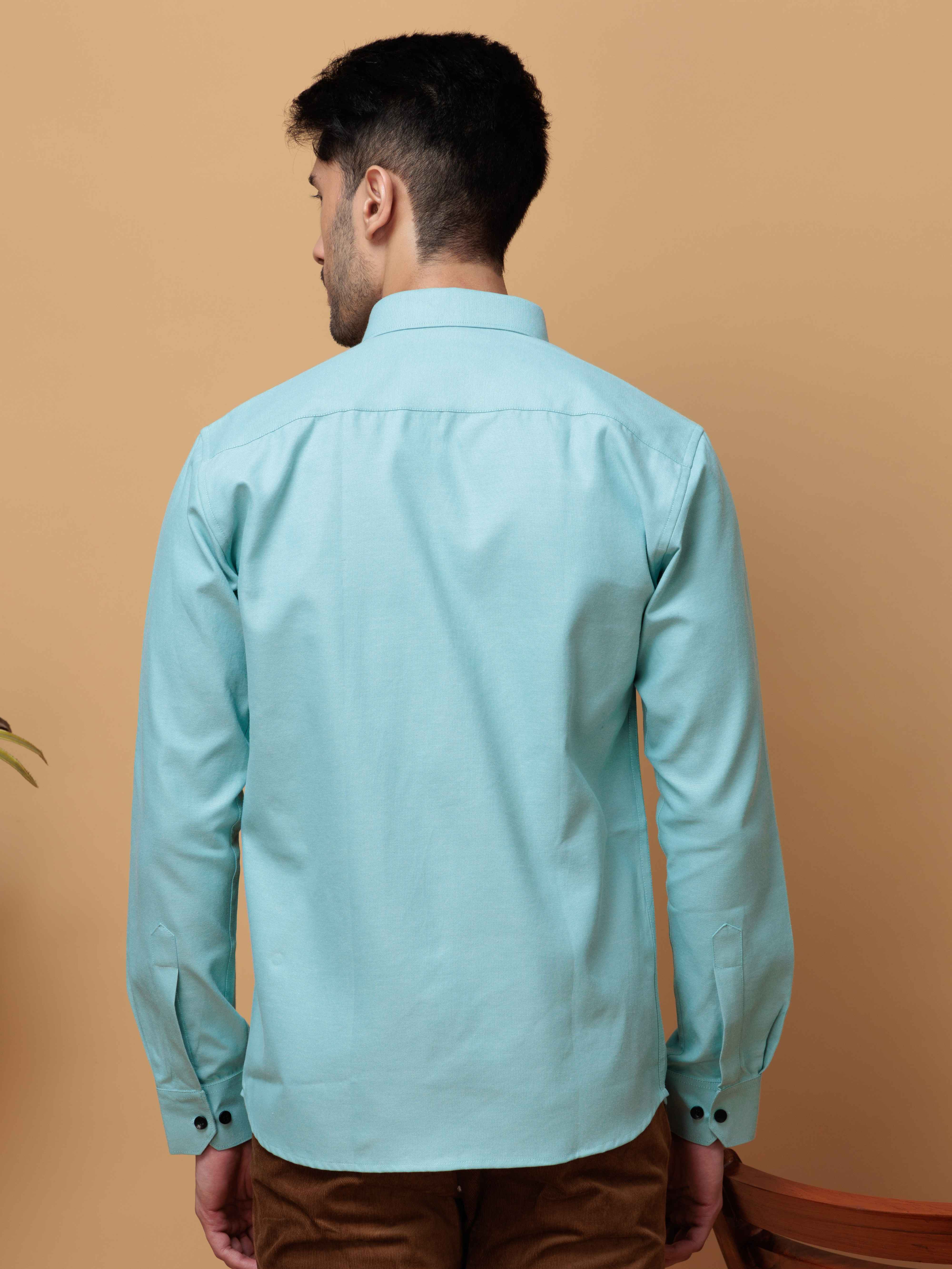 FORMAL CYAN PLAIN OXFORD COTTON CASUAL SHIRT FOR MEN'S - Image 3