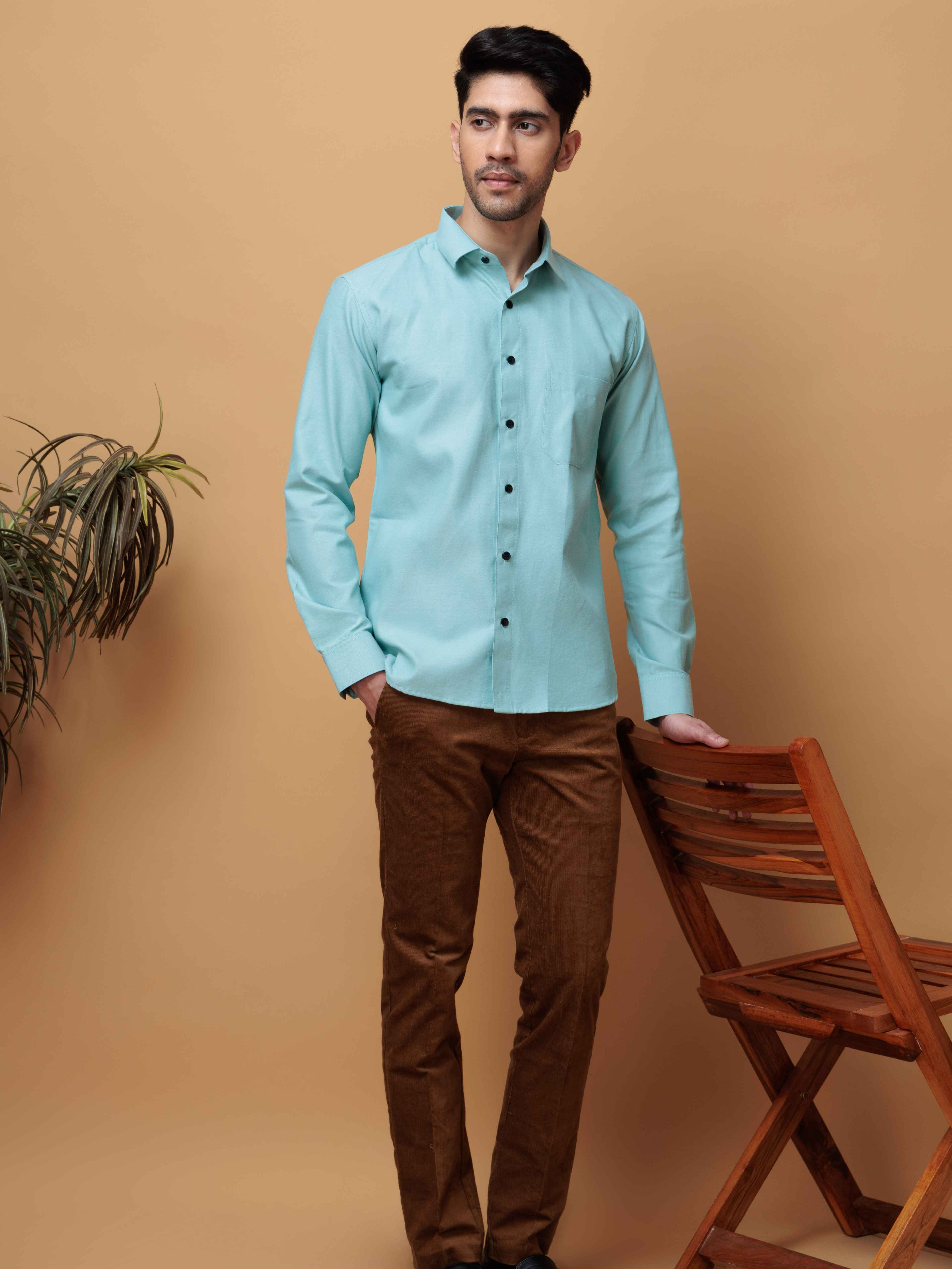 FORMAL CYAN PLAIN OXFORD COTTON CASUAL SHIRT FOR MEN'S - Image 4