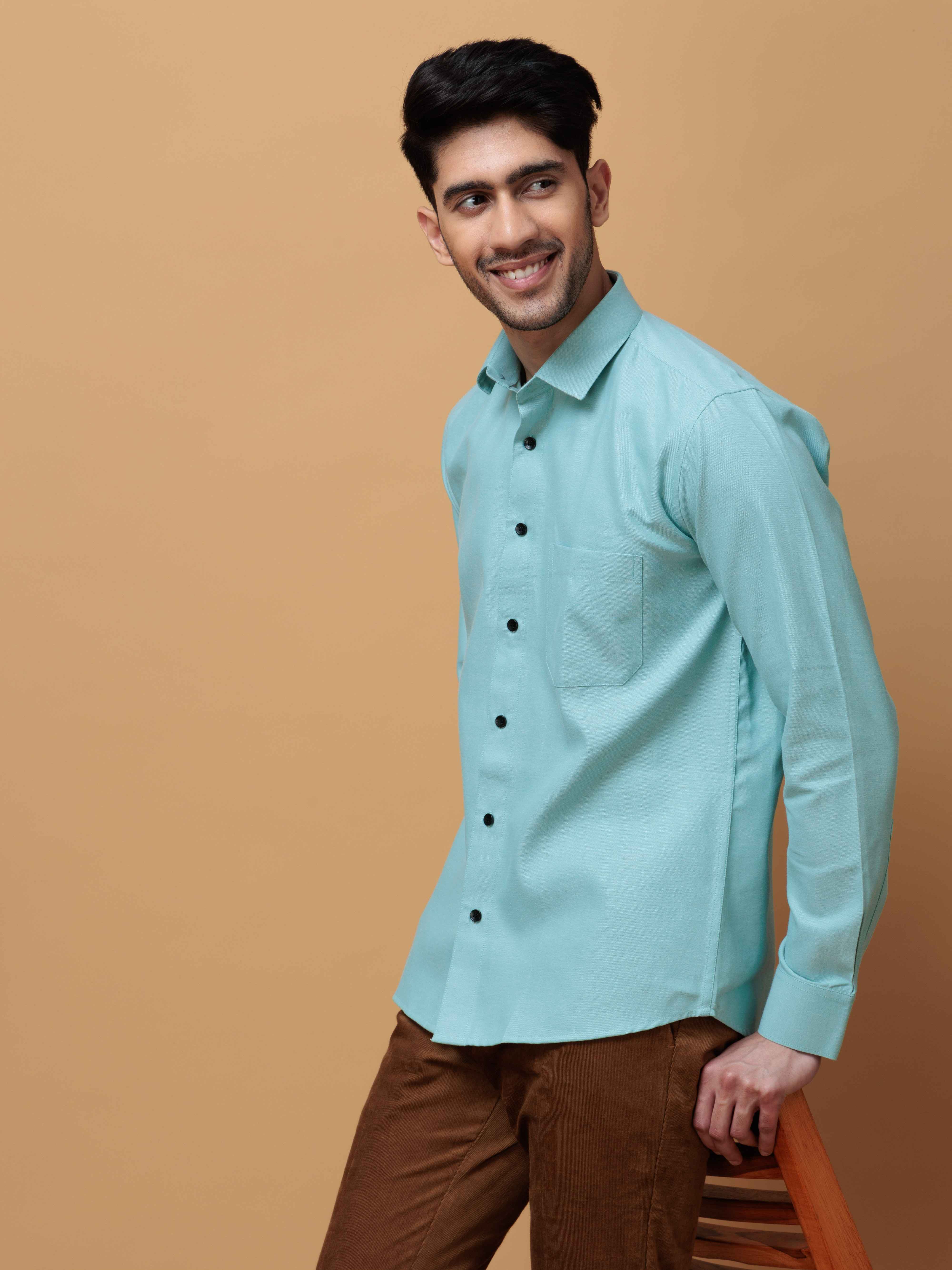 FORMAL CYAN PLAIN OXFORD COTTON CASUAL SHIRT FOR MEN'S - Image 5