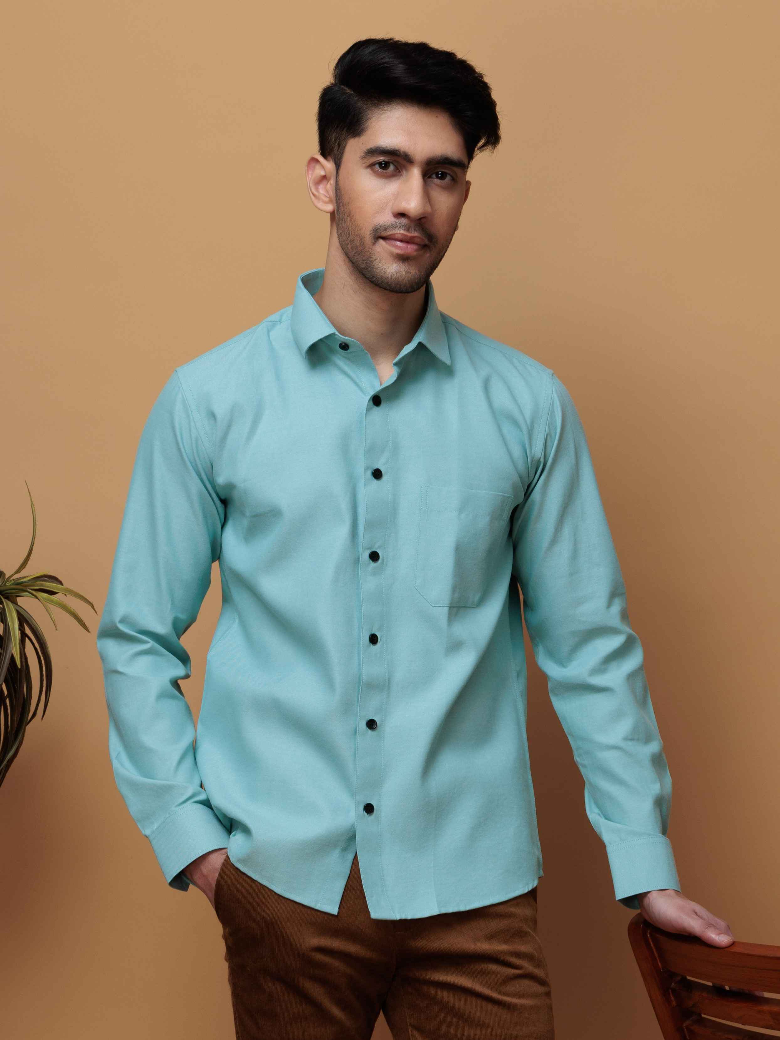 FORMAL CYAN PLAIN OXFORD COTTON CASUAL SHIRT FOR MEN'S - Image 7