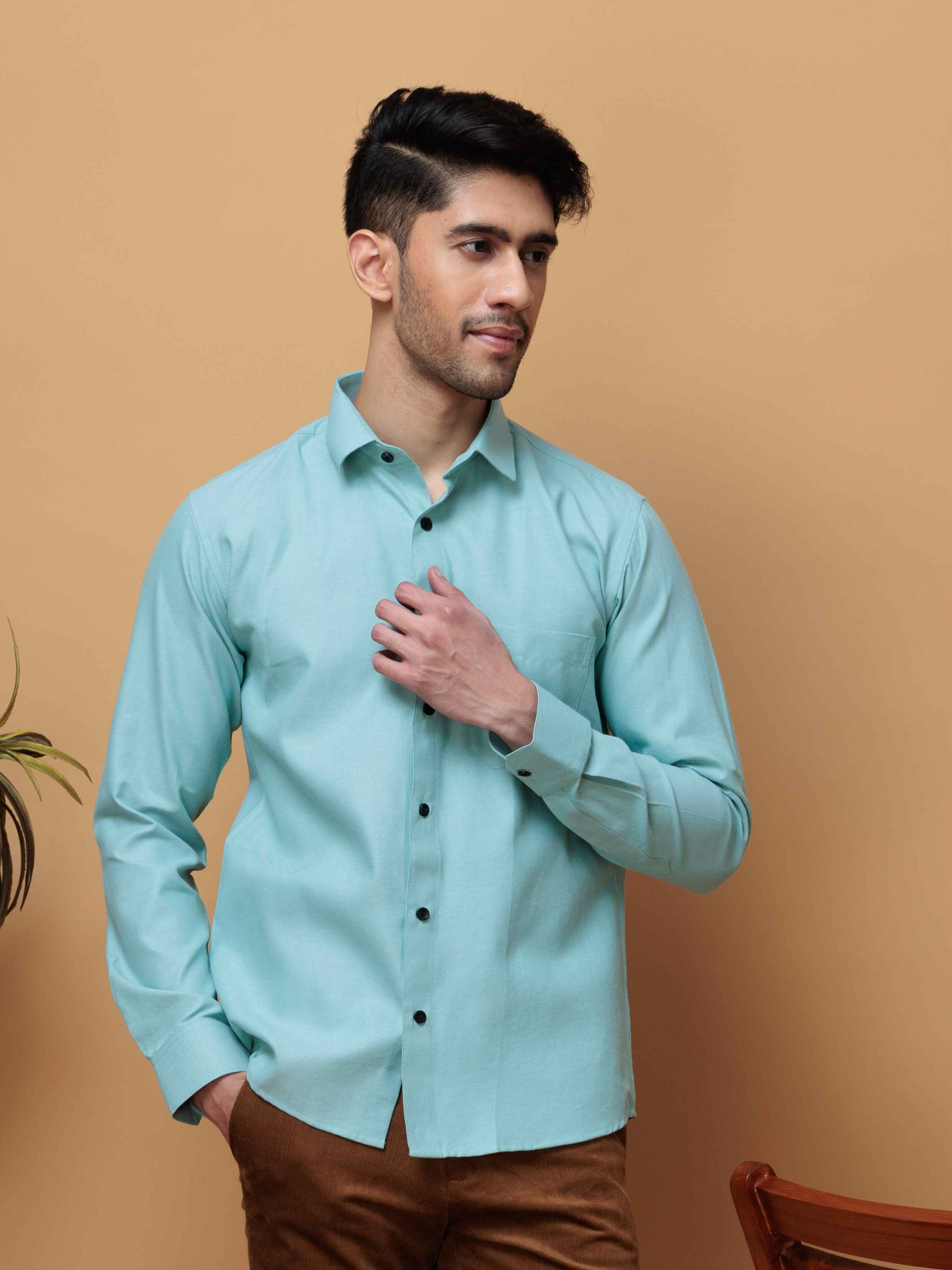 FORMAL CYAN PLAIN OXFORD COTTON CASUAL SHIRT FOR MEN'S - Image 8