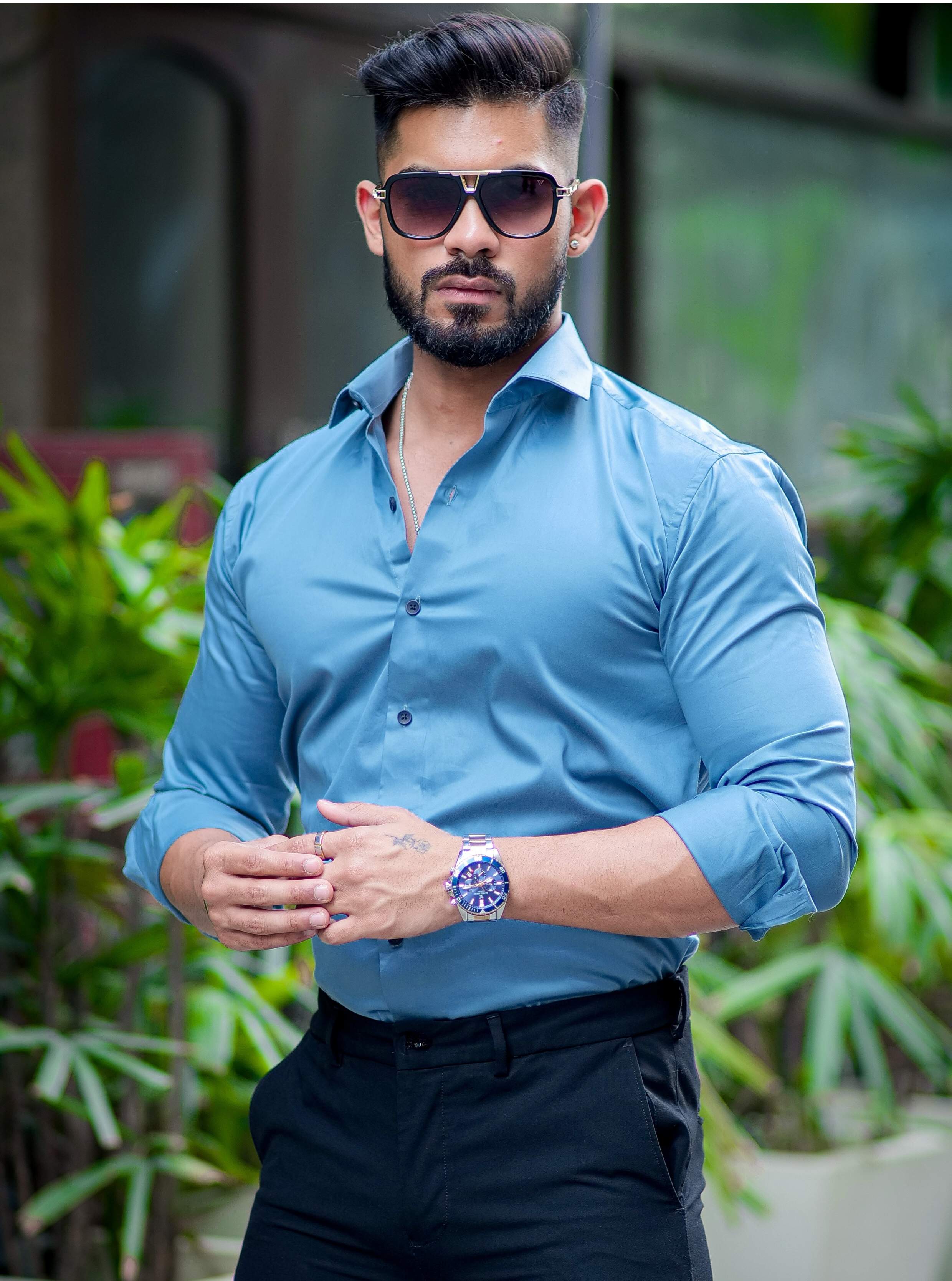 Formy Cool Blue Luxury Satin Cotton Shirt For Men's - Image 2