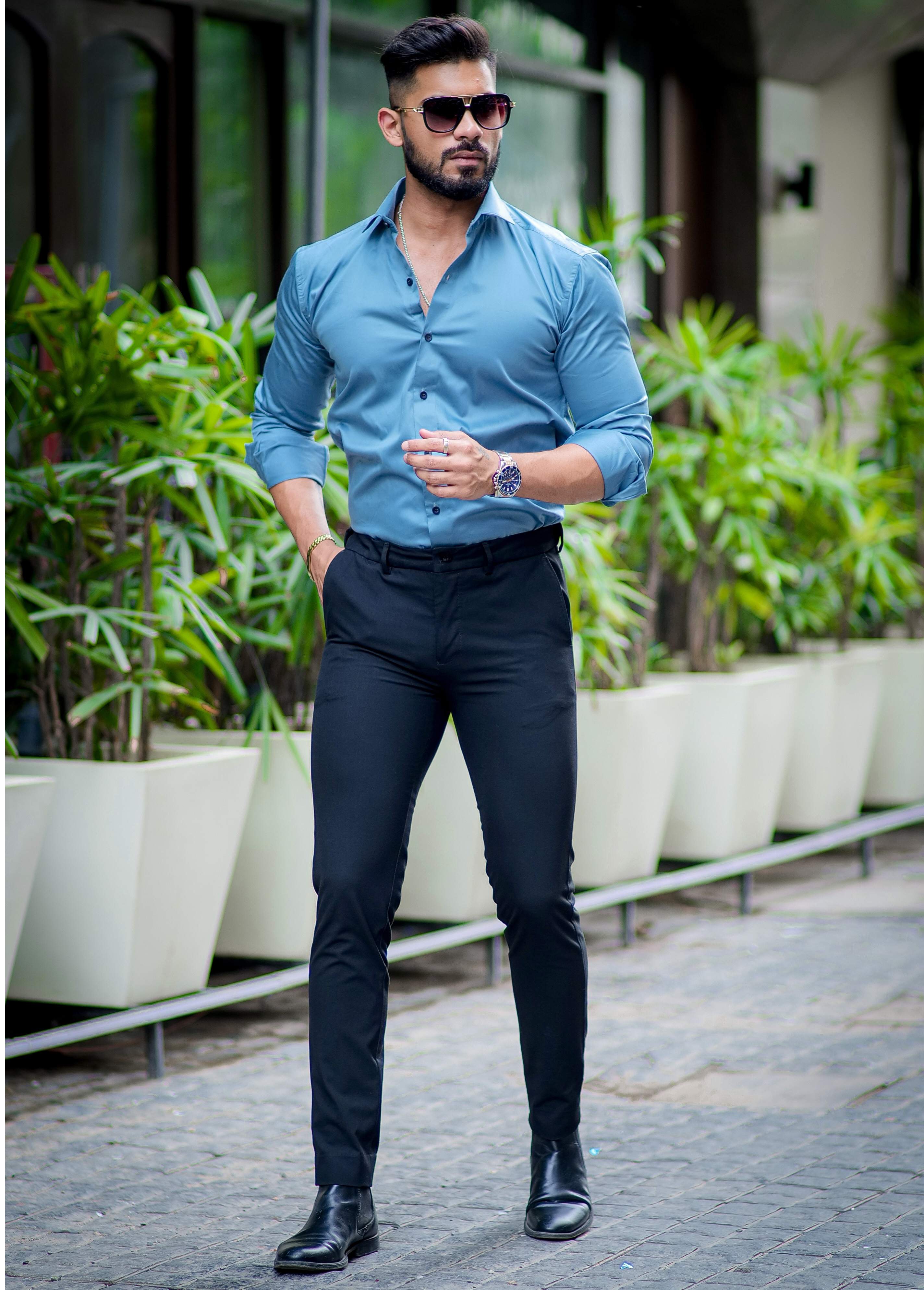 Formy Cool Blue Luxury Satin Cotton Shirt For Men's - Image 3