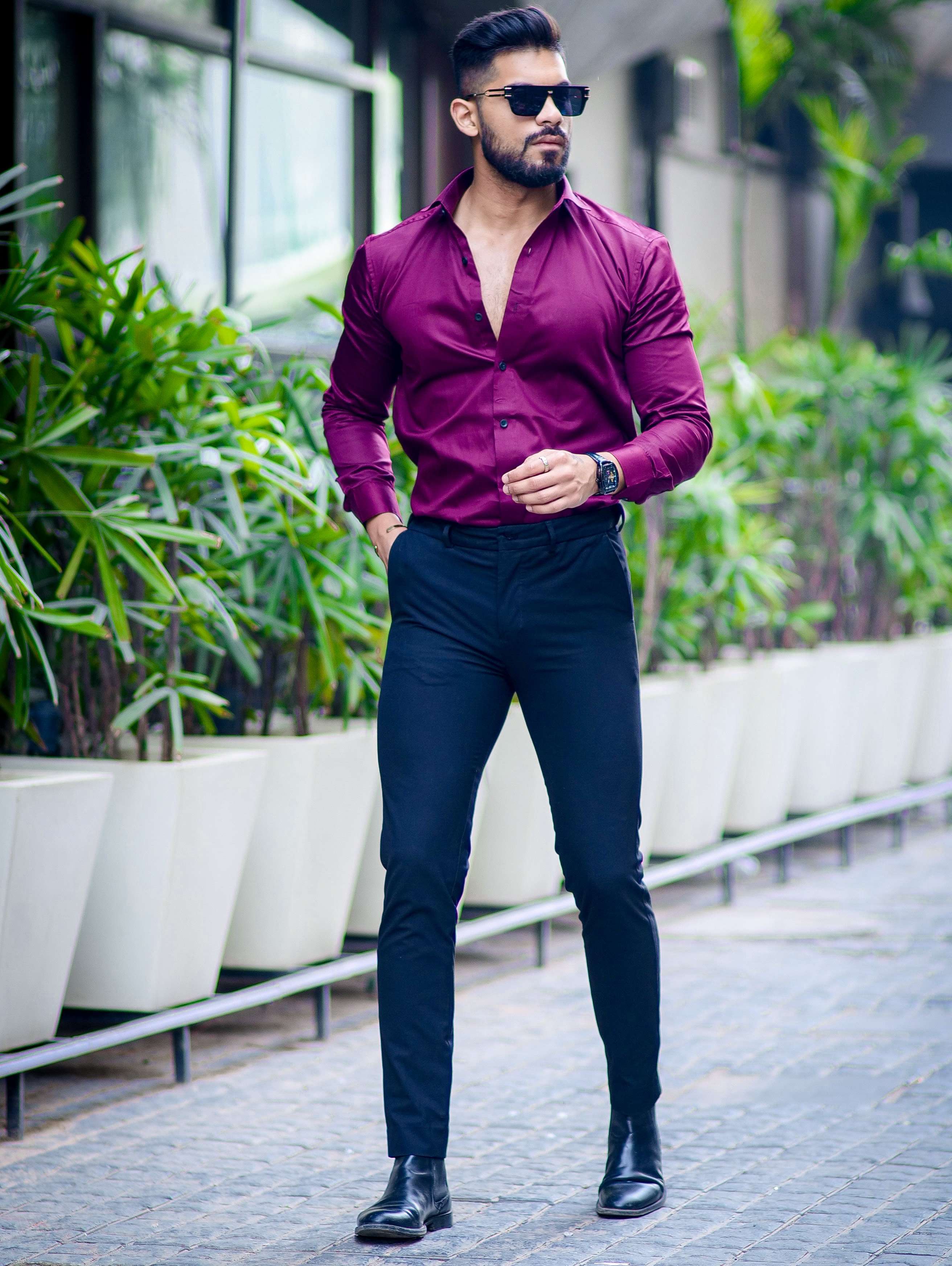 Formy Dark Wine Berry Regular Fit Luxury Satin Shirt For Men's - Image 4
