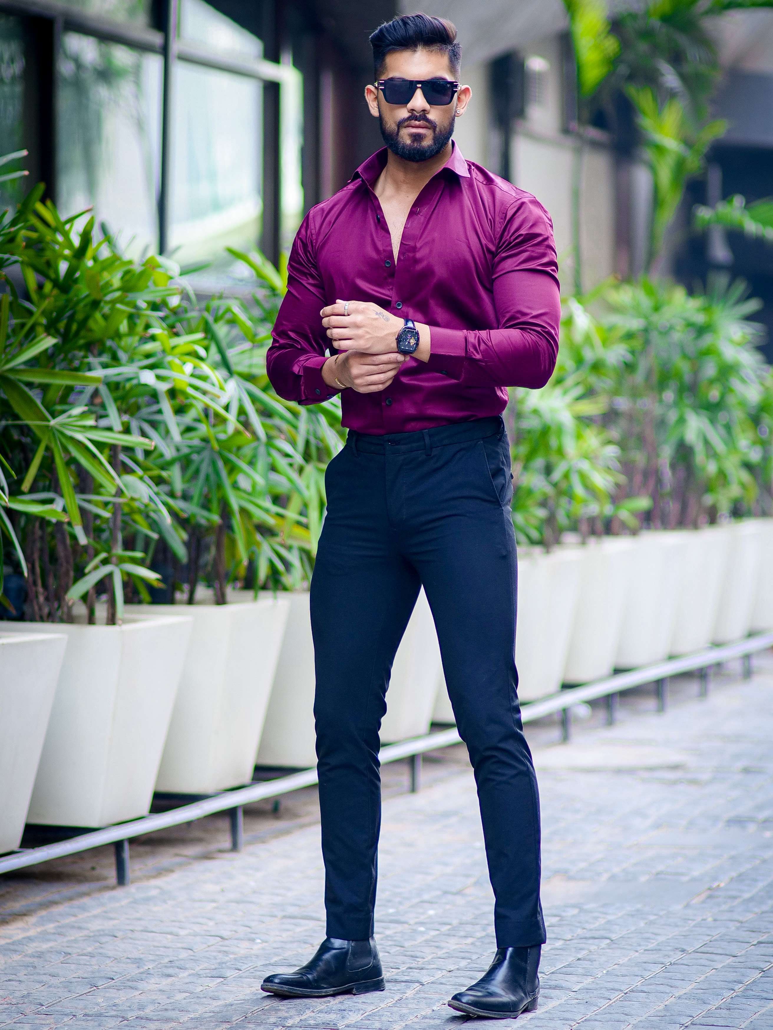 Formy Dark Wine Berry Regular Fit Luxury Satin Shirt For Men's - Image 5