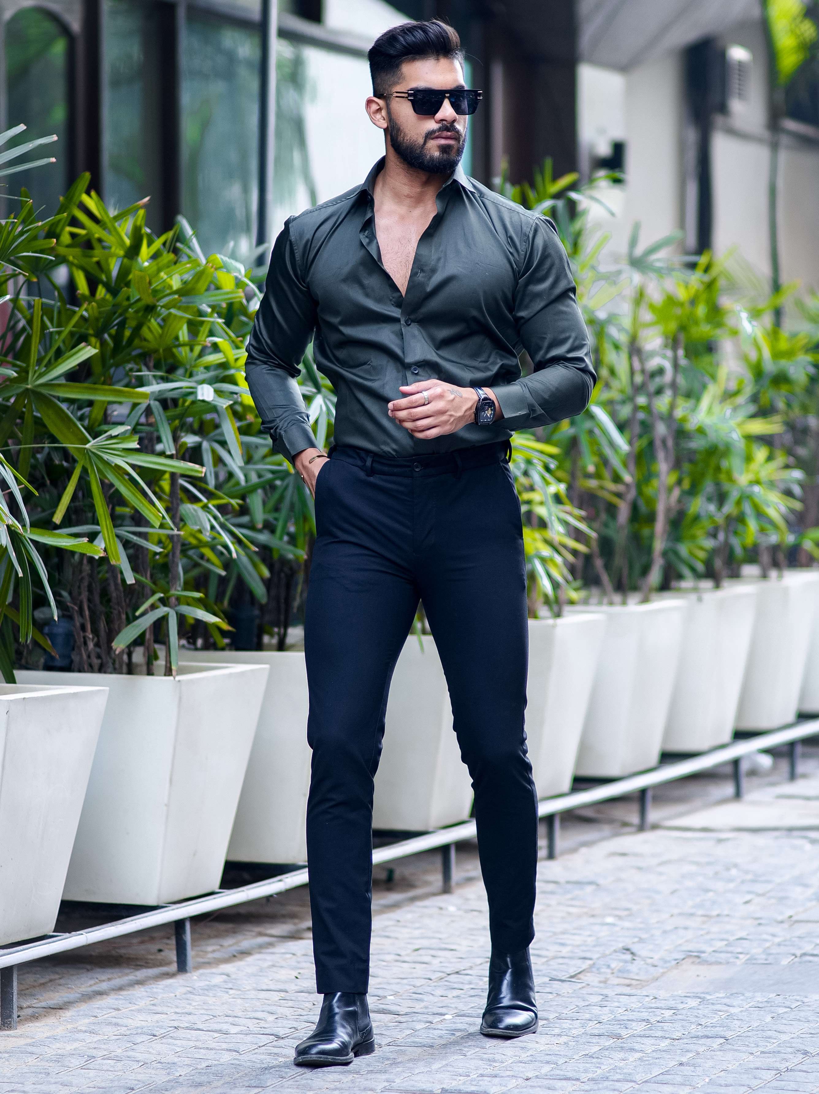 Formy Olive Green Luxury Formal Satin Cotton Shirt For Men's - Image 3