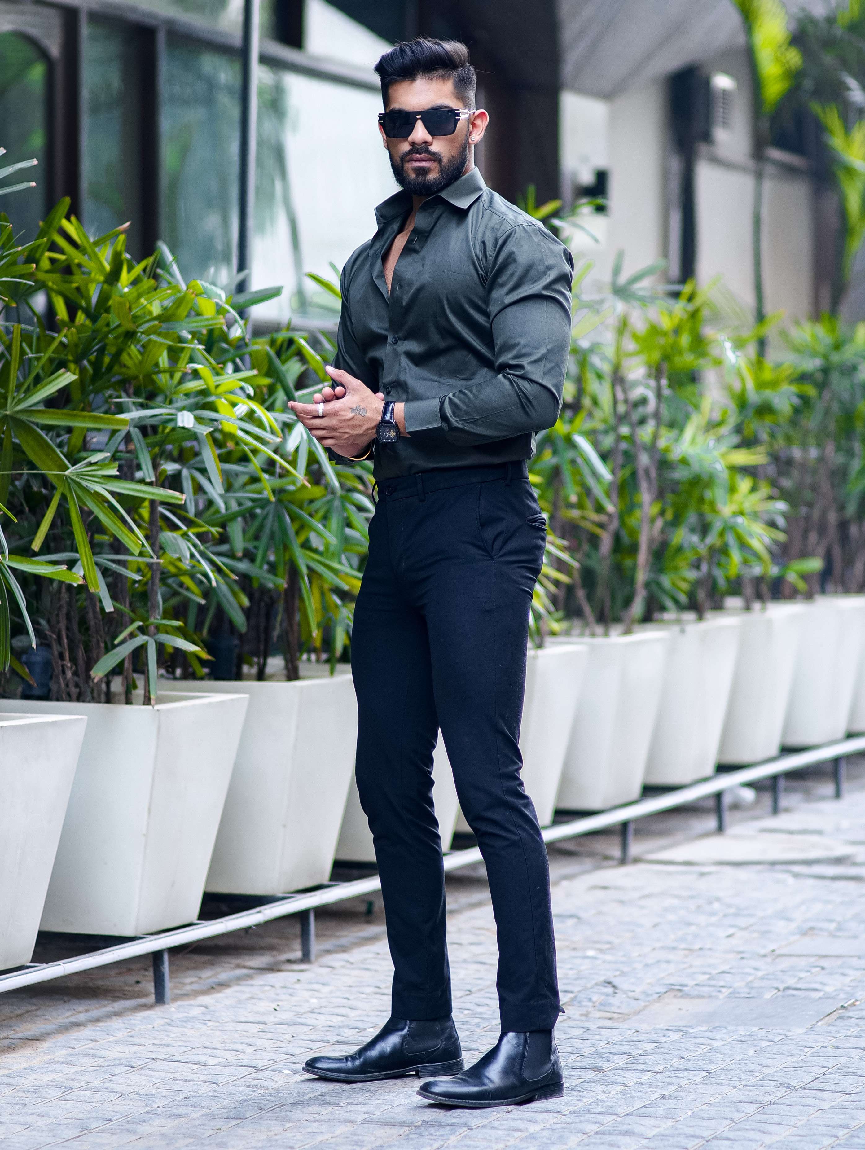 Formy Olive Green Luxury Formal Satin Cotton Shirt For Men's - Image 5