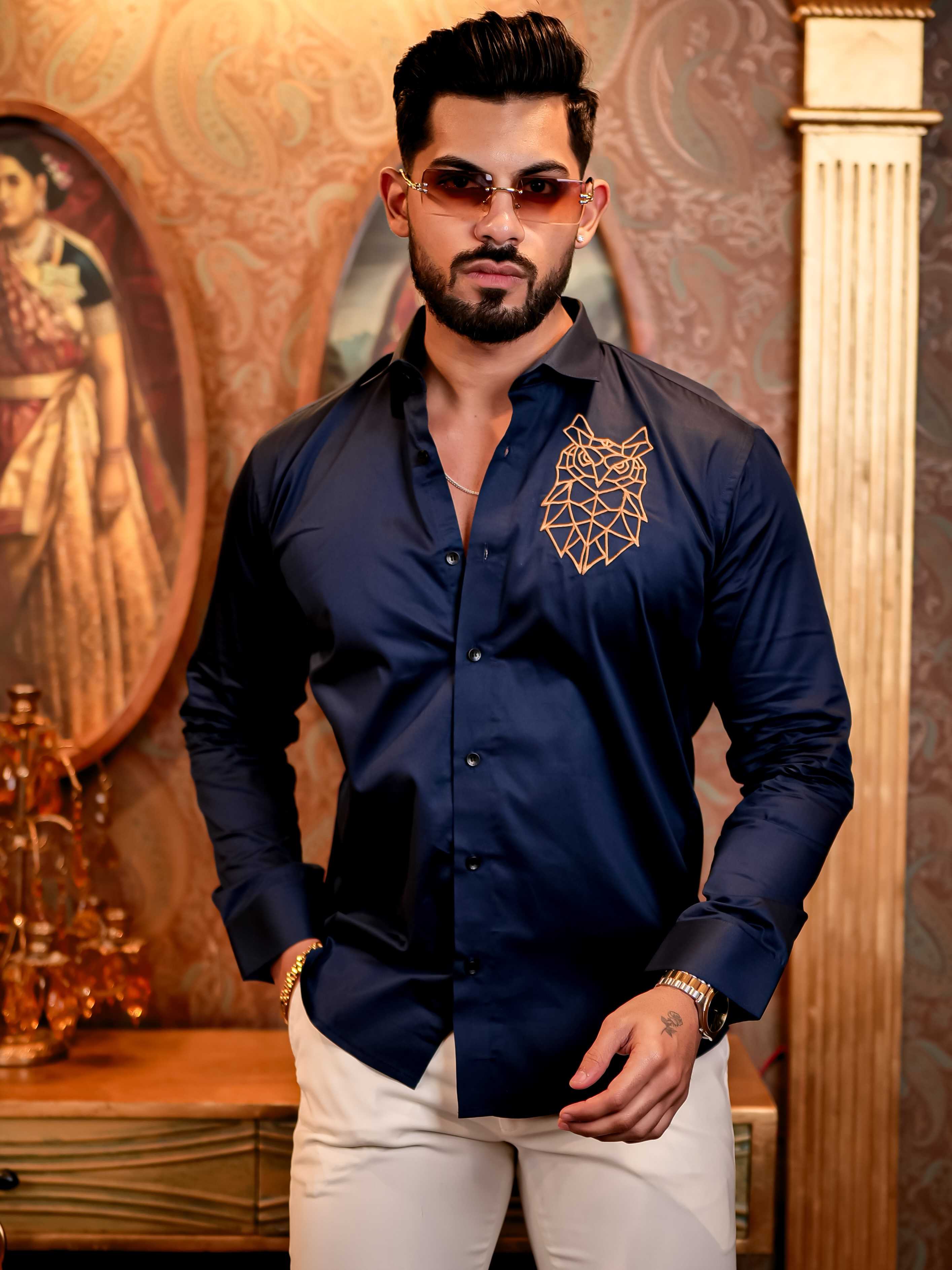 Geometric owl Navy Golden Embroidered Club Wear Satin Cotton Shirt - Image 3