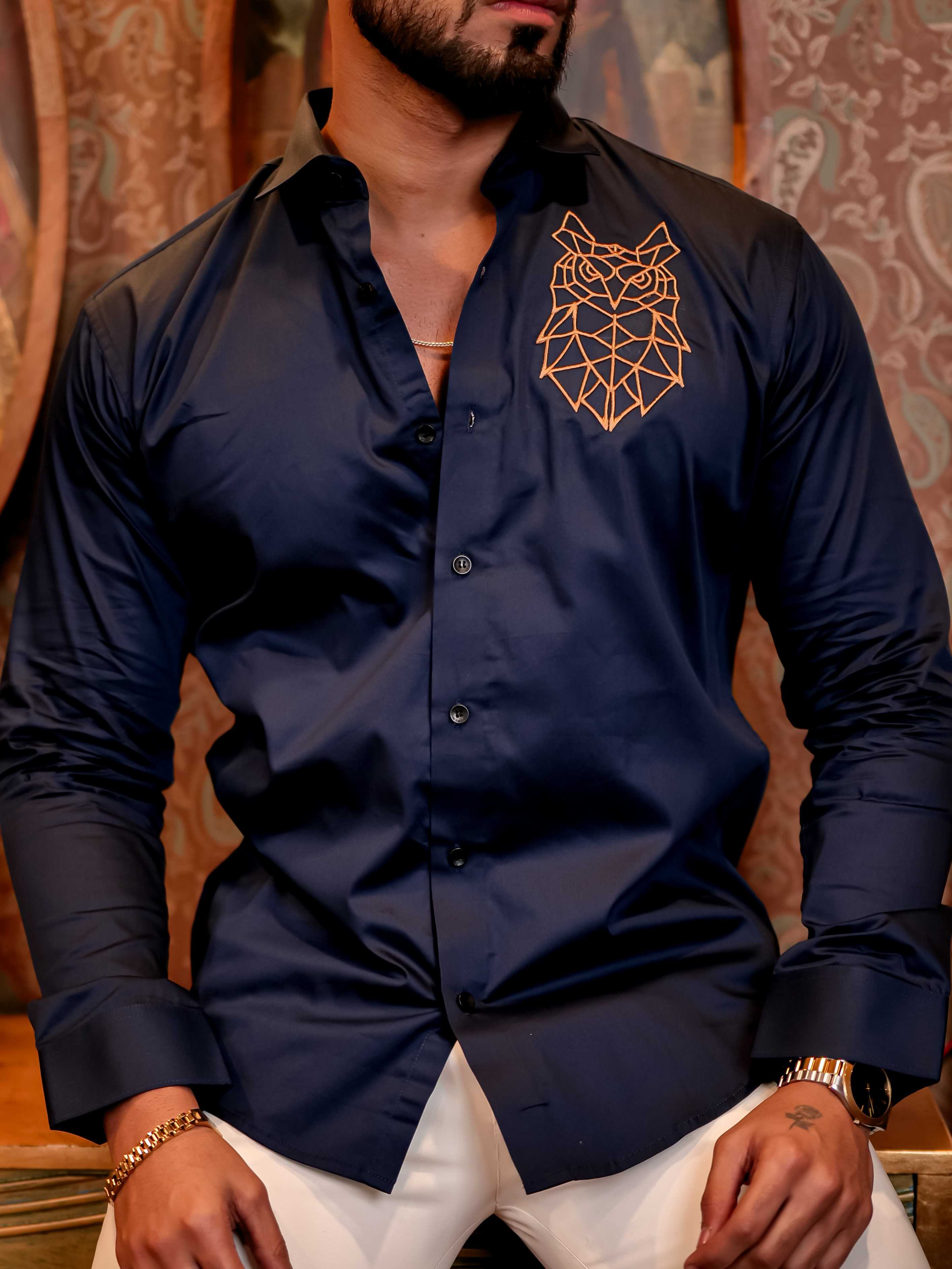 Geometric owl Navy Golden Embroidered Club Wear Satin Cotton Shirt - Image 8