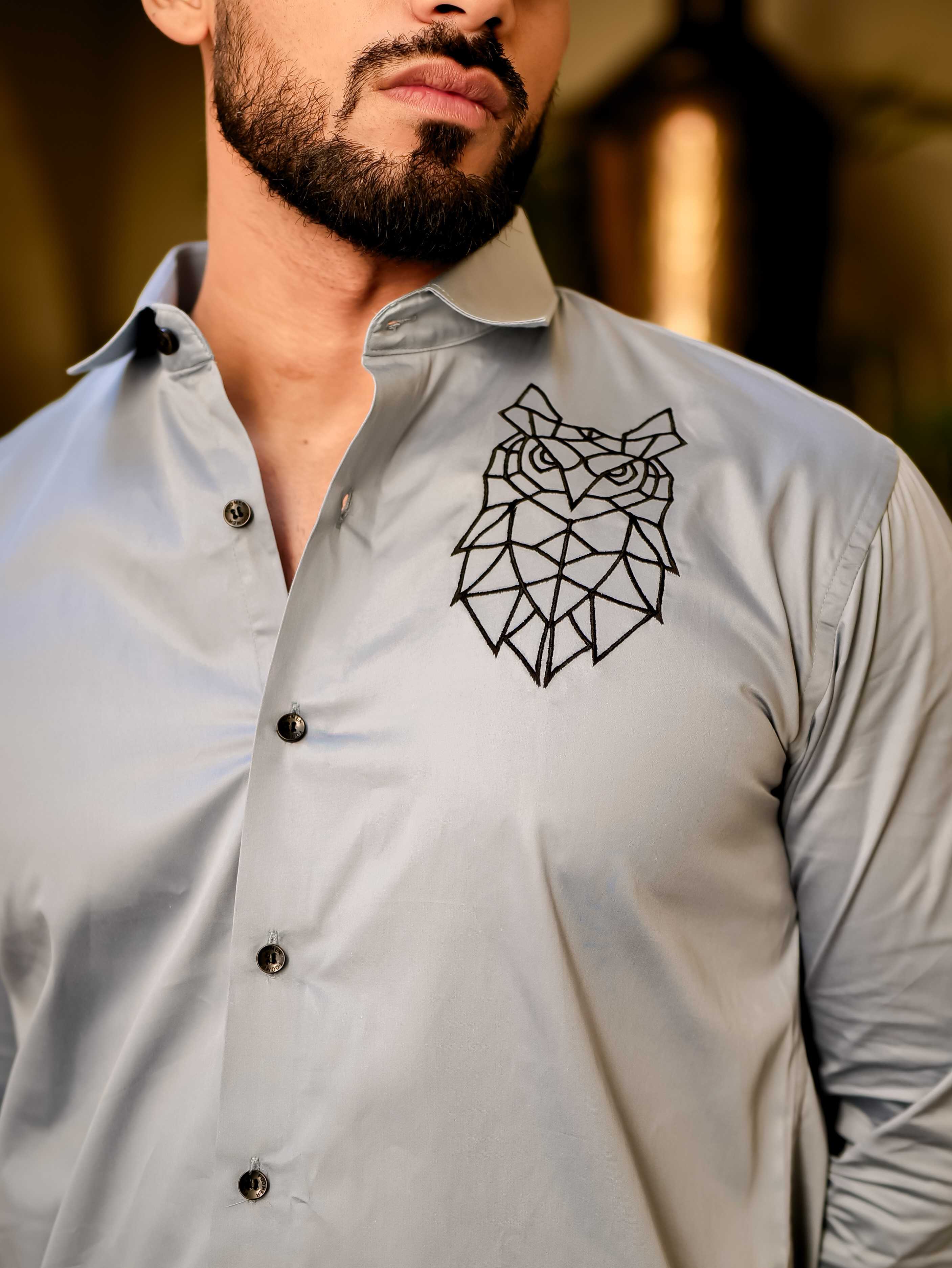 Geometric owl Sky Embroidered Club Wear Satin Cotton Shirt - Image 2