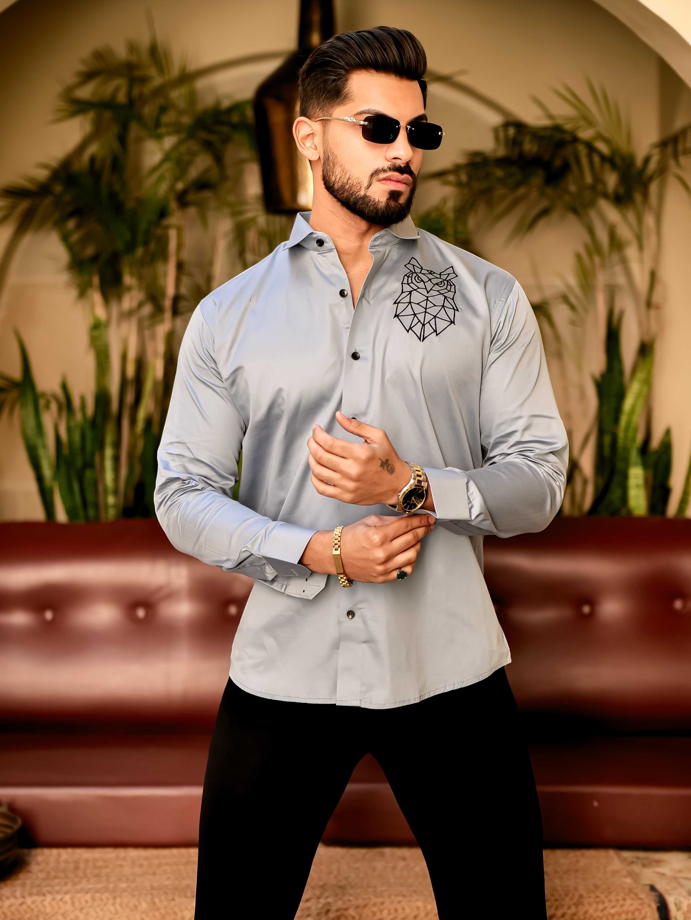 Geometric owl Sky Embroidered Club Wear Satin Cotton Shirt - Image 3