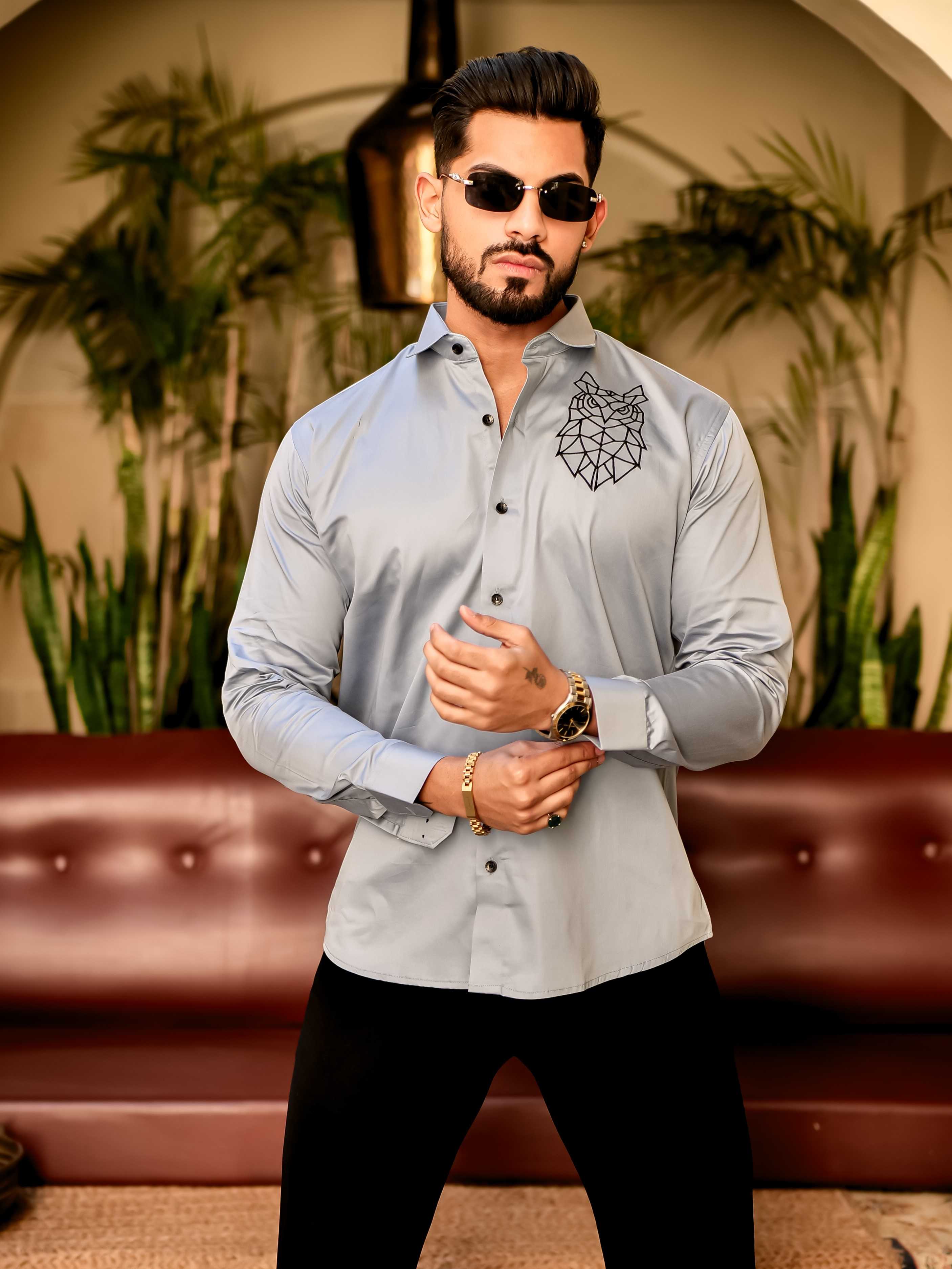 Geometric owl Sky Embroidered Club Wear Satin Cotton Shirt - Image 4