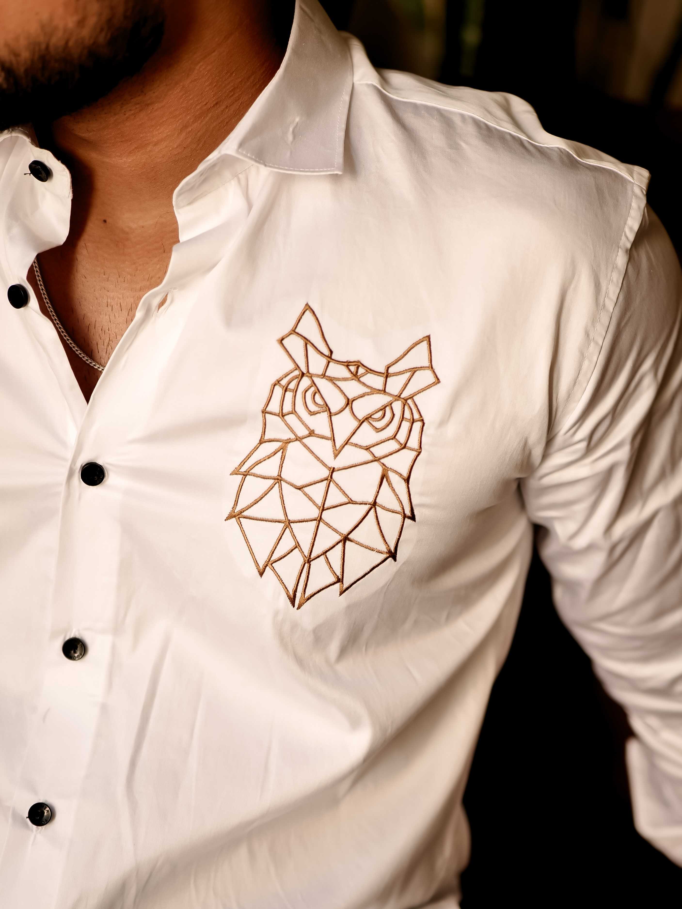 Geometric owl White Golden Embroidered Club Wear Satin Cotton Shirt - Image 2