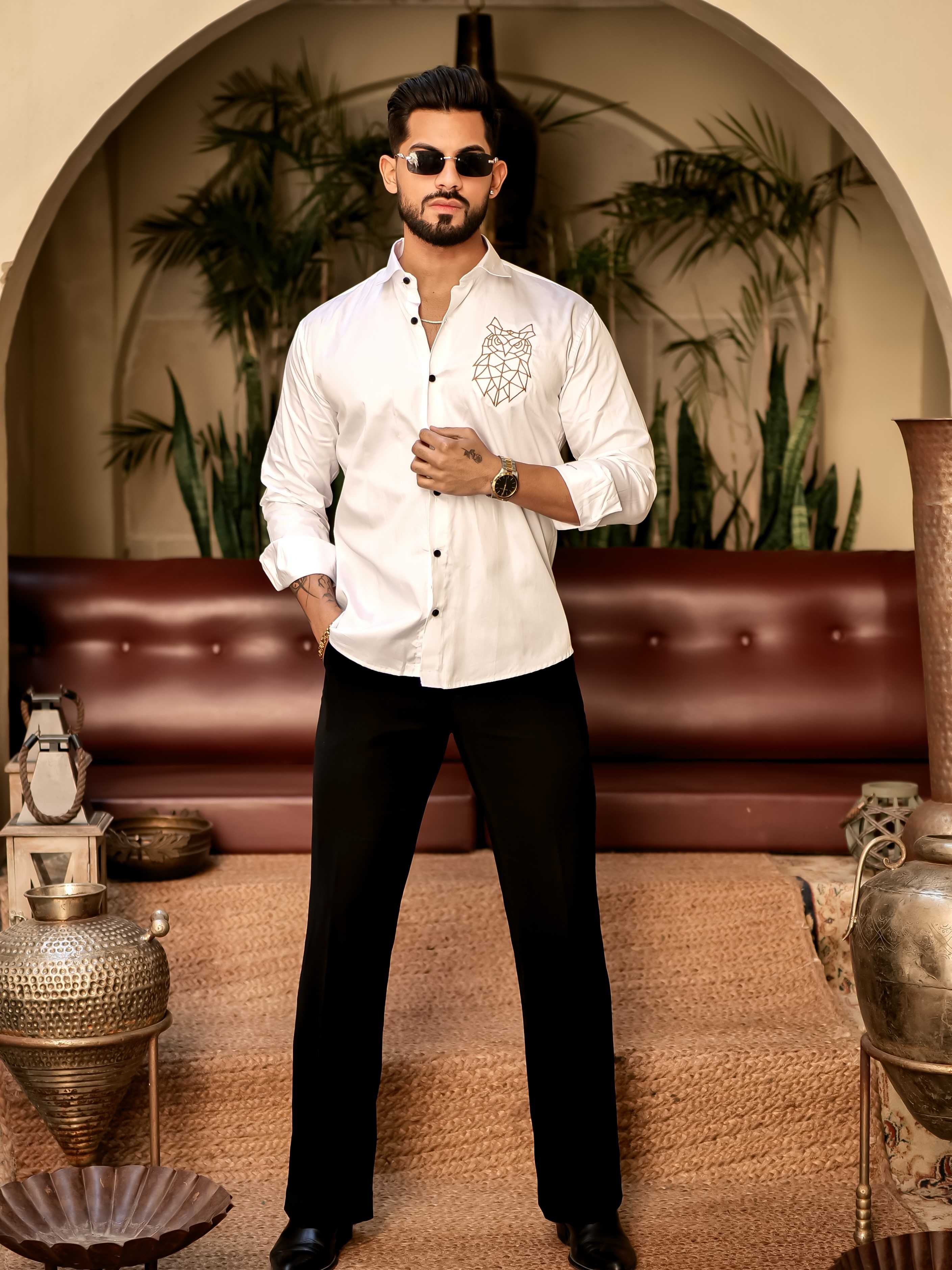 Geometric owl White Golden Embroidered Club Wear Satin Cotton Shirt - Image 4