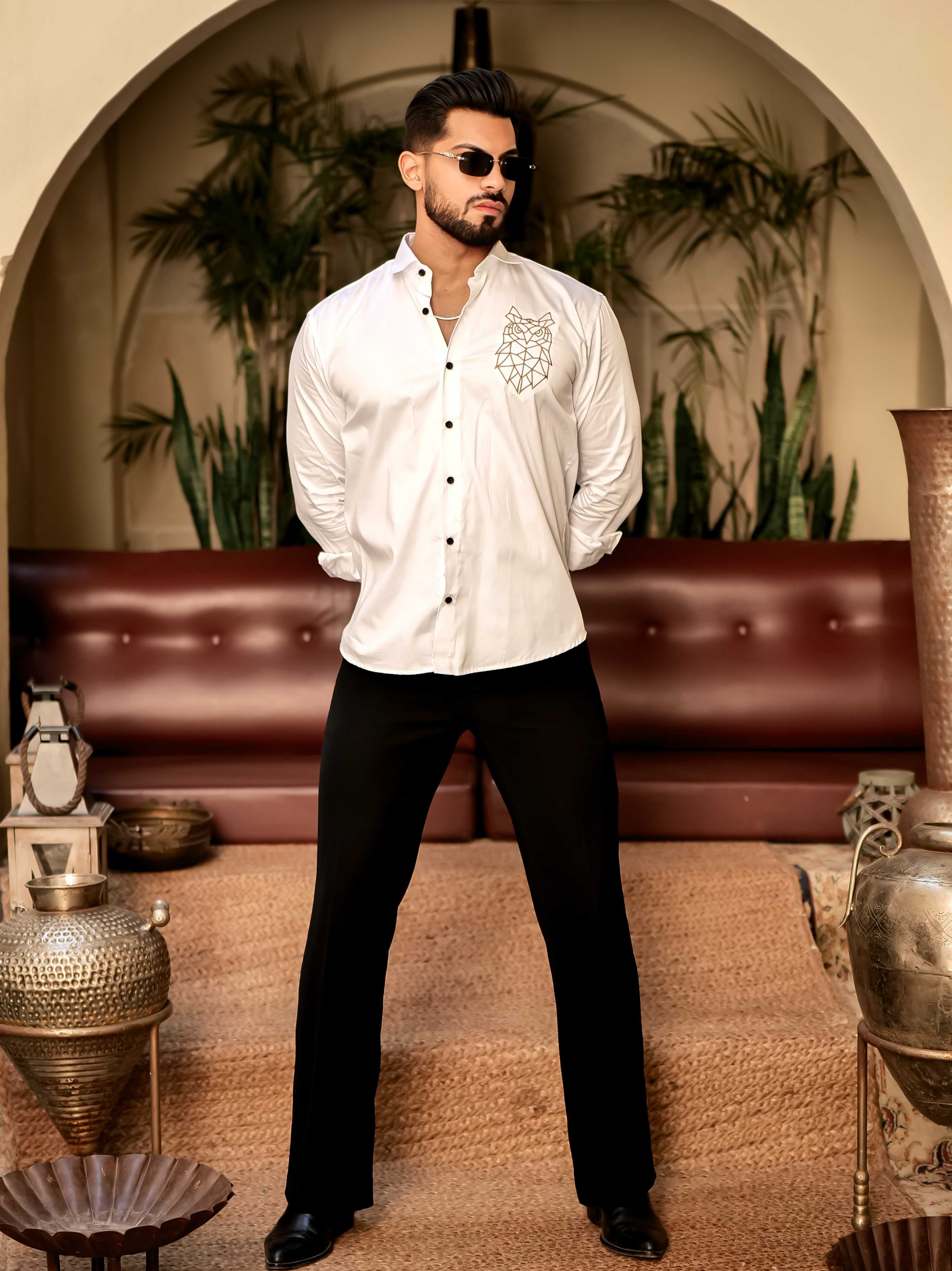 Geometric owl White Golden Embroidered Club Wear Satin Cotton Shirt - Image 7