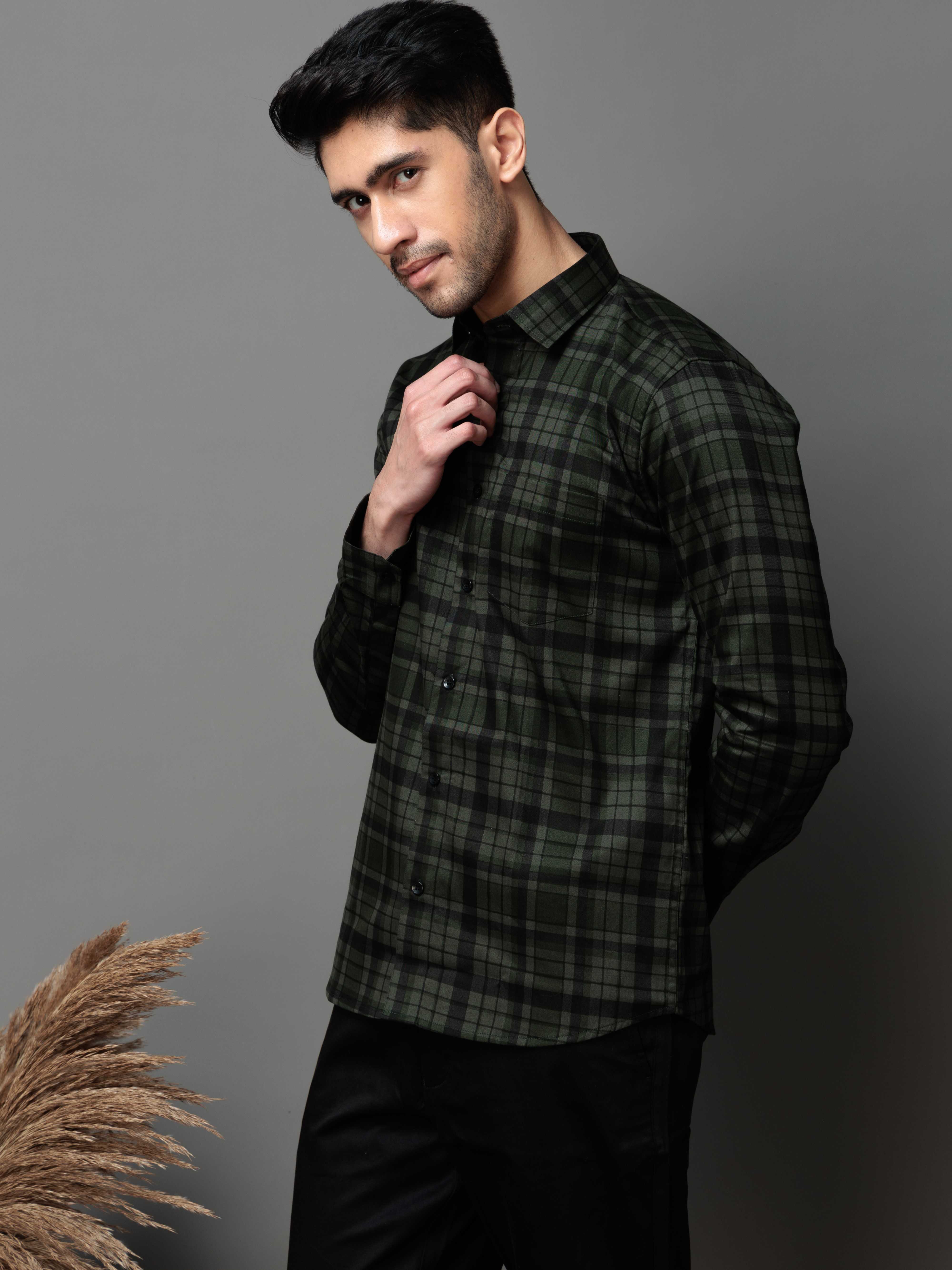 GREEN CHECKS PRINTED COTTON CASUAL SHIRT FOR MEN'S - Image 3
