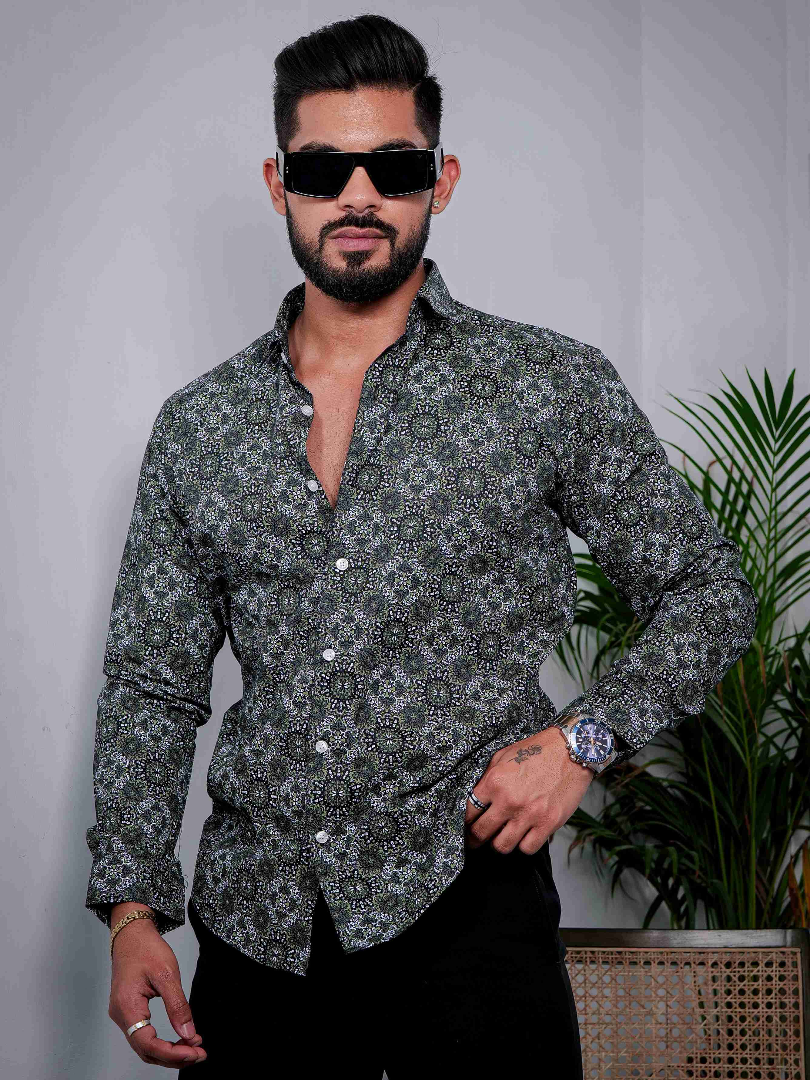 Green Cotton Print Premium Shirt - Image 4
